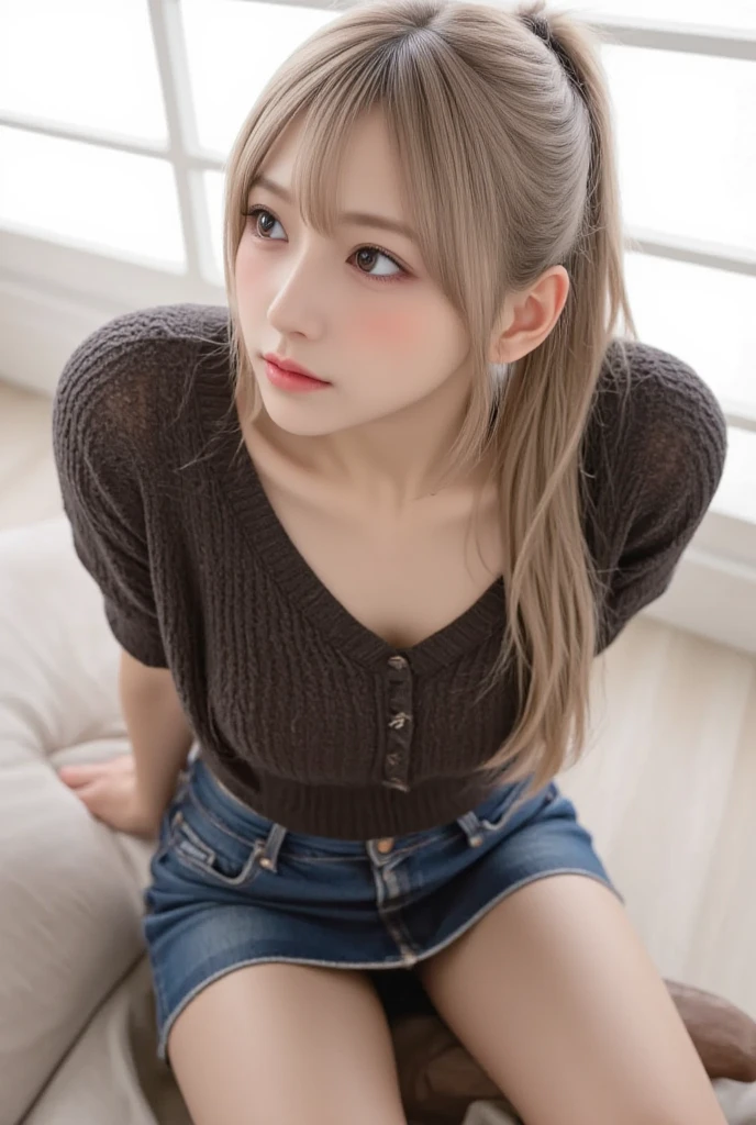 best quality, ultra high resolution, (photorealistic: 1.4), (detailed beautiful girl: 1.4), (medium breasts: 0.8), olhando_no_visualizador, detailed facial details, beautiful and detailed eyes, (blonde hair | brown), brown eyes, smile (makeup: 0.4), red lips, (full body, sitting, beach), very detailed clothes, (ulzzang-6500-v1. 1:0.3) \ , yellow ducks, strong wind,