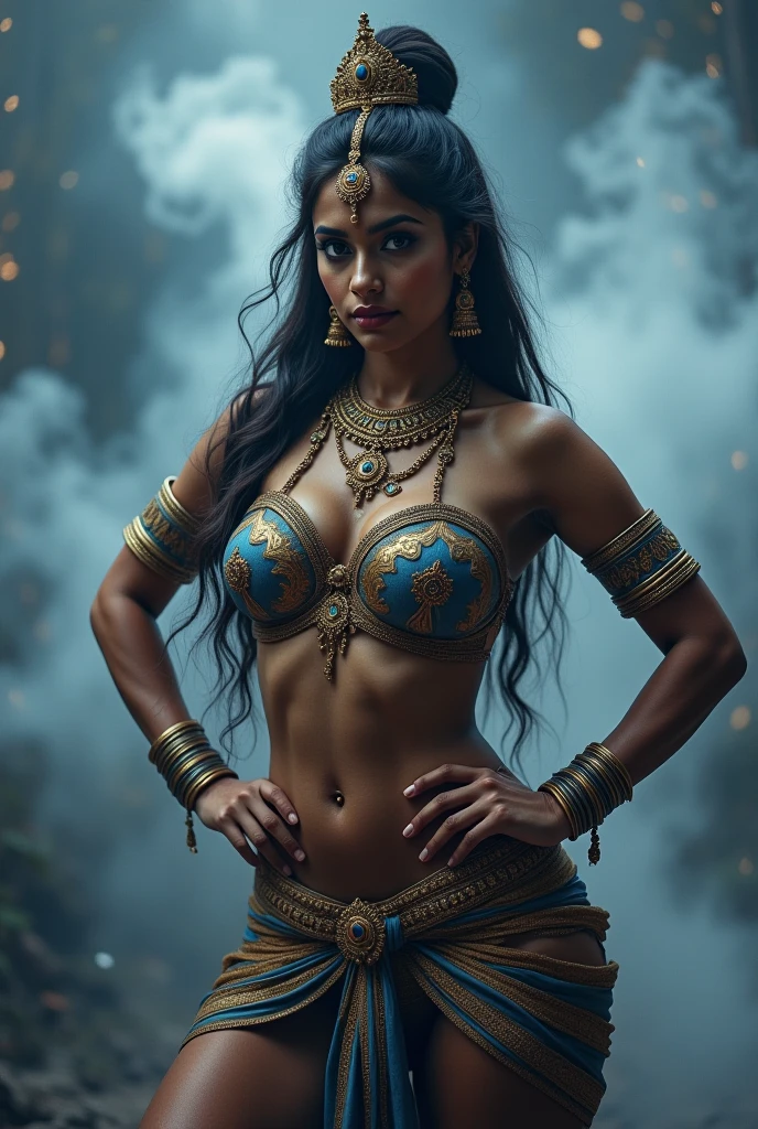 Best quality, portrait, masterpiece, 1 indian queen, pirate queen, walking on pirate ship, ship is burning, wet hair, soft body, looking straight at the viewer, big eyes, dark red wet saree, headwear, petticoat, fully tattooed body, 8k resolution, deep cleavage, belly piercing, big breasts, insanely detailed, parted lips, perfect anatomy, perfect fingers, ambient lighting, forest, dawn