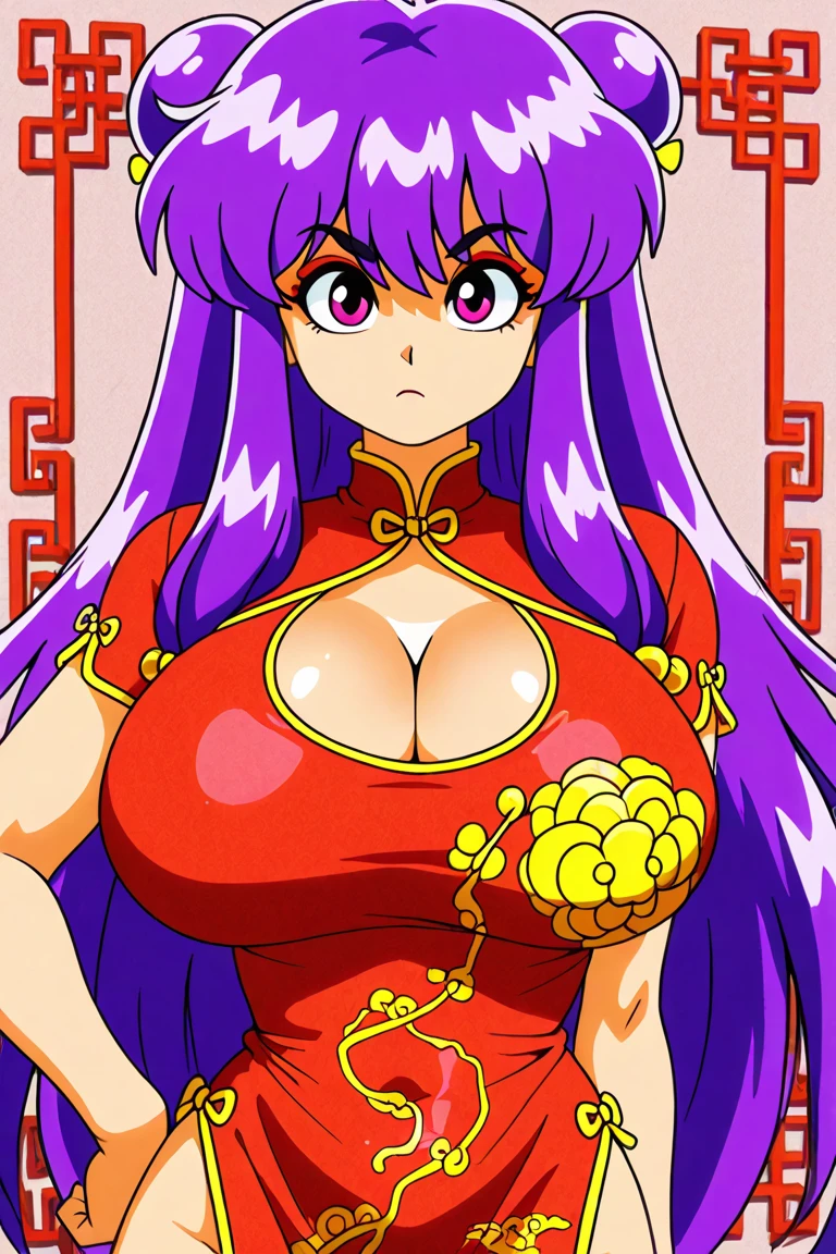 <lora:ShanpuuRanma:.7>, ShanpuuRanma, purple_hair,  big_breasts, hair_bell, china_dress