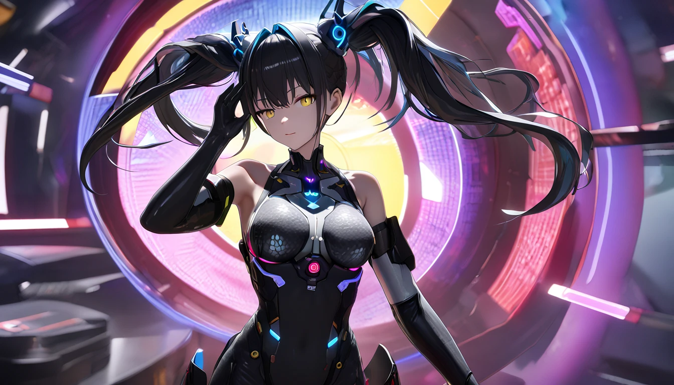 cyberpunk sex slave, asian android, long black hair, android vagina, blowjob machine mouth