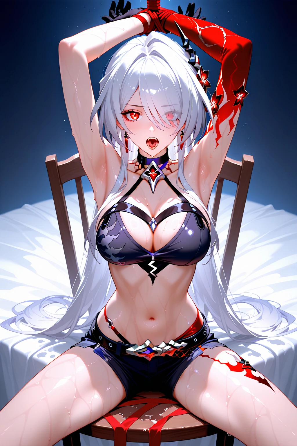 Pure white hair color,Elegant,Ruby-like deep and charming eyes,Shining a bright red like blood,Let the human body experience this beauty and at the same time feel a bit of destructive danger.,Clothing is swimsuit。