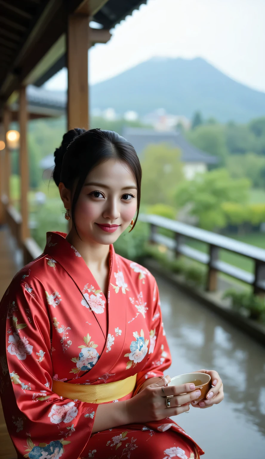 a beautiful woman, sitting upright with legs folded, is on the porch of a japanese model house during drizzling rain, is making traditional japanese tea, Fuji mountain background, very calm atmosphere , body looking camera, Using red satin floral print kimono, Black hair ponytail, bibir merah, soft smiling lips