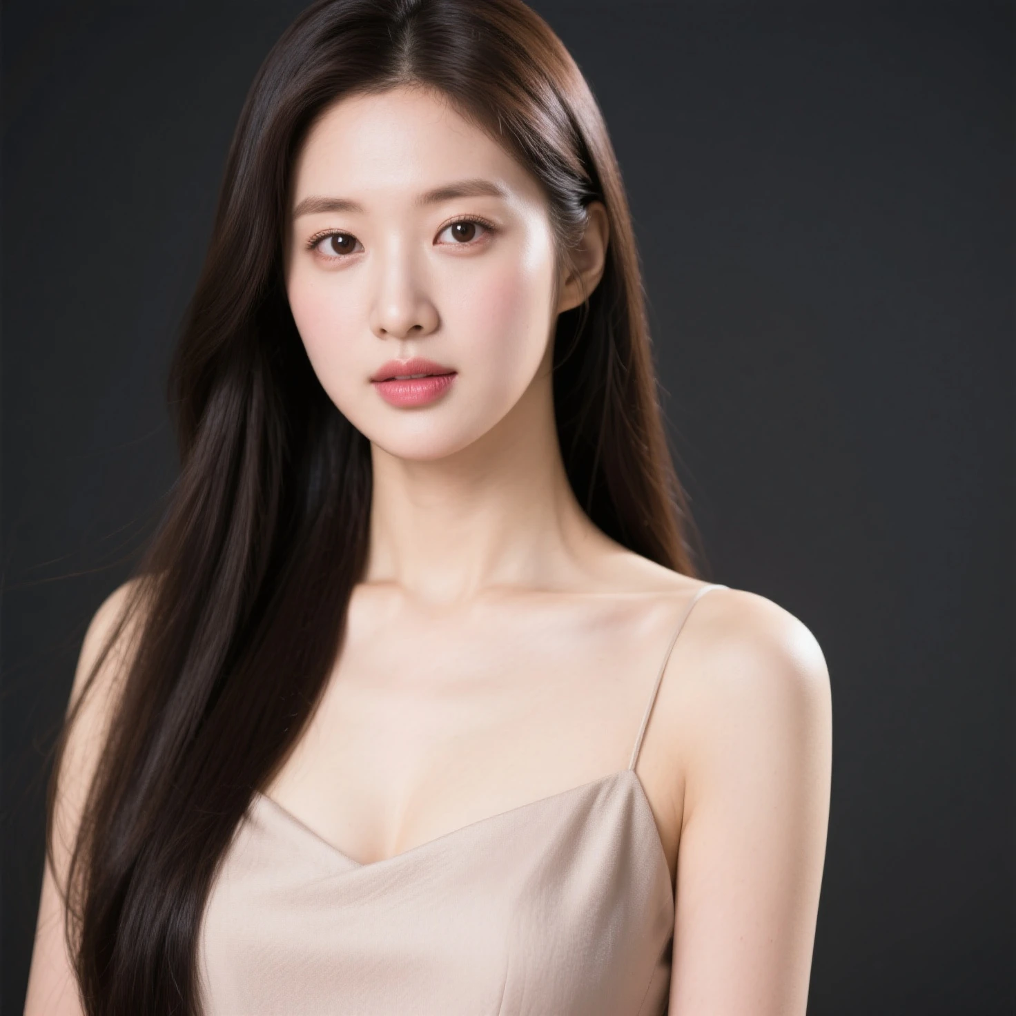 Skin Tight Black Top:1.2, Looking at Viewer, Cinematic lighting, Perfect, softlight, High resolution skin:1.2, Realistic skin texture, 30 years old mature woman、a small face、no-makeup、, off shoulders,Bust B Cup、 Exposed cleavage, Blue eyes, Short hair, dark brown hair、fullnude、Gray background、
