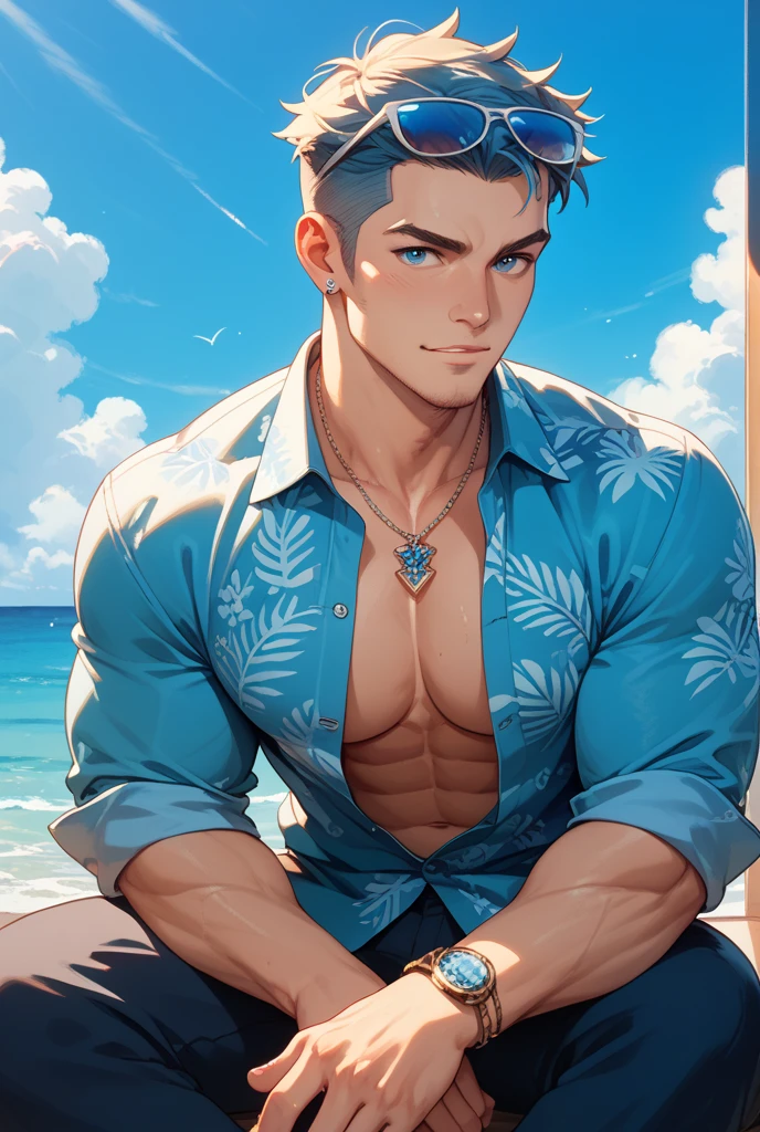 Draw a handsome and muscular man. Try to emphasize his kind eyes, gentle smile, abs, chest muscles. The background should depict a beautiful tropical beach under the scorching sun and include hibiscus flowers. In his outfit, create a stylish fashion with a cool bathrobe. Please use white and light blue clothes and incorporate floral patterns. Make your illustrations gorgeous and colorful.