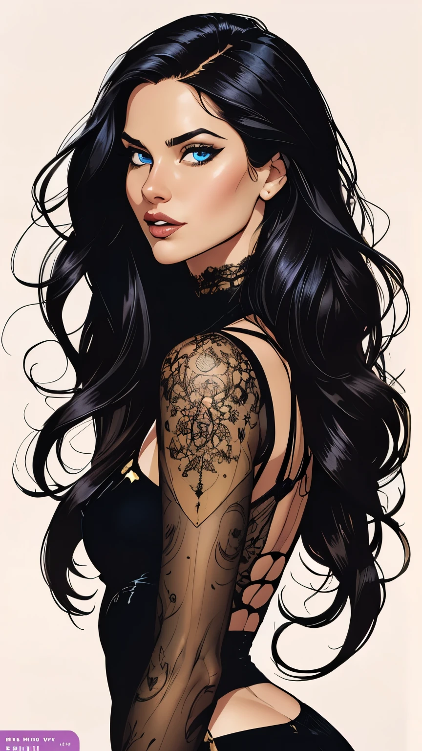 Charcoal pencil drawing, realistic drawing, black and white drawing, 4K, Best quality, muscular woman, freckles, long curly red hair with bangs, crystal blue eyes with smoky eyeshadow and black eyeliner, semi-matte black lipstick, pale showing the ass, smug and seductive smile, bikini, large futanari genital bulge