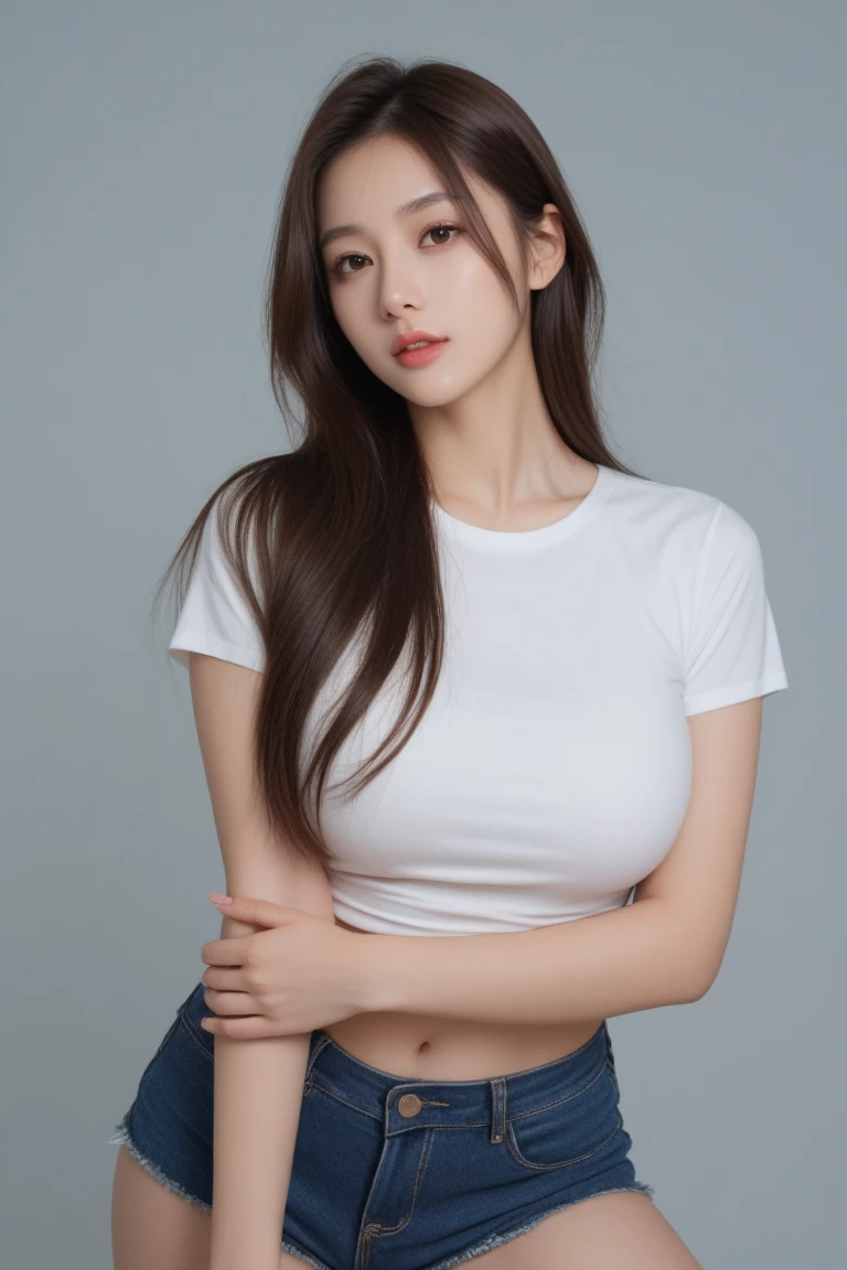 （real， High resolution：1.3）， One girl with a perfect body， Very beautiful face and eyes，Long Hair， Random color tank top：1.2， Short jeans， Big Breasts，Exposing cleavage,　Stretch out your arms in front of you
