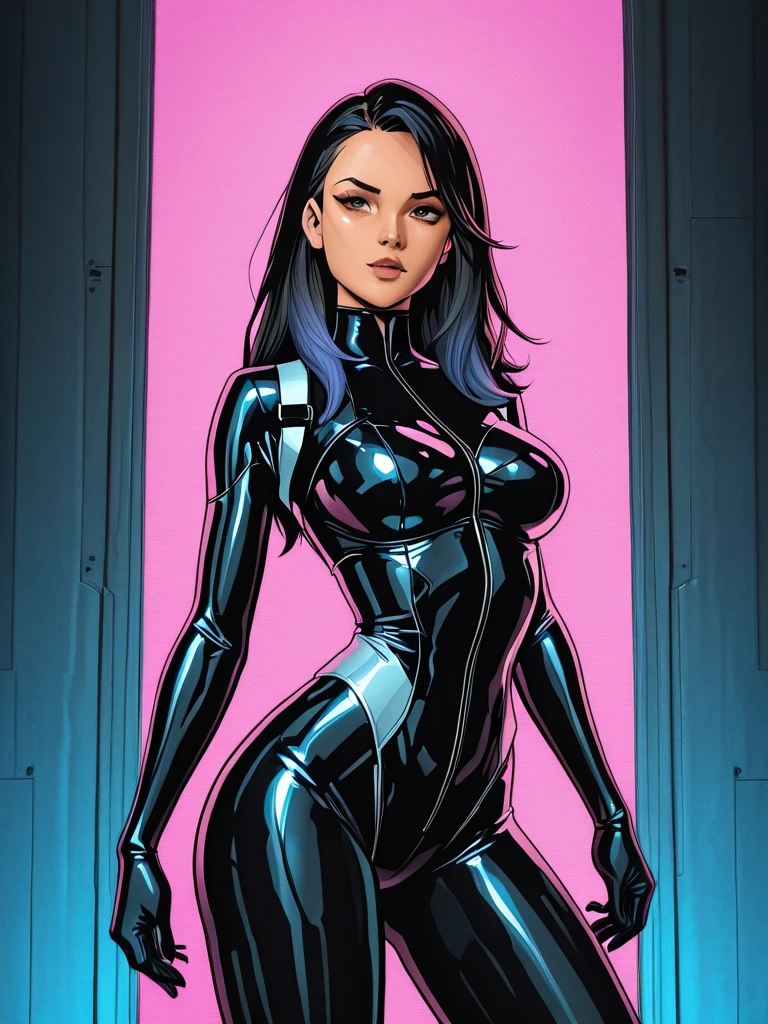 (best quality,8k:1.2,high resolution:1.2),ultra-detalhado,Realistic,science fiction female superhero,retro futurism,purple hair,belos olhos detalhados,beautiful detailed lips,olhos e rosto extremamente detalhados,long eyelashes,purple and green latex catsuit,pure tights,Shiny Metal Accessories,Physically-based rendering