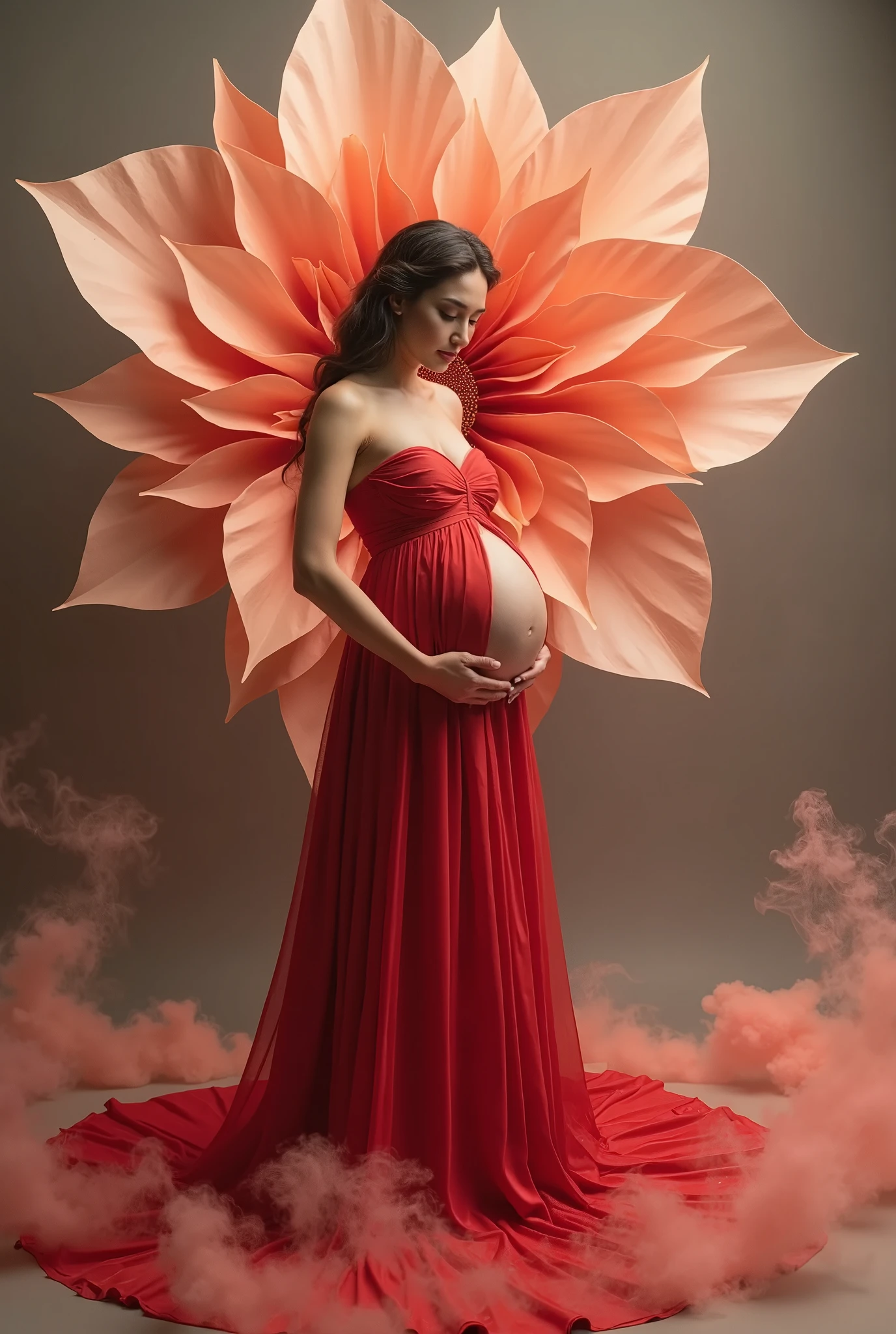 pregnant woman very big flower in background model marge with background some flower leaf comming on model , leaf flowting in air , white background, flower should be red , red flower , girl marge in background with flower pregnant woam covoer with flower , very beautful effect like a dreamy
