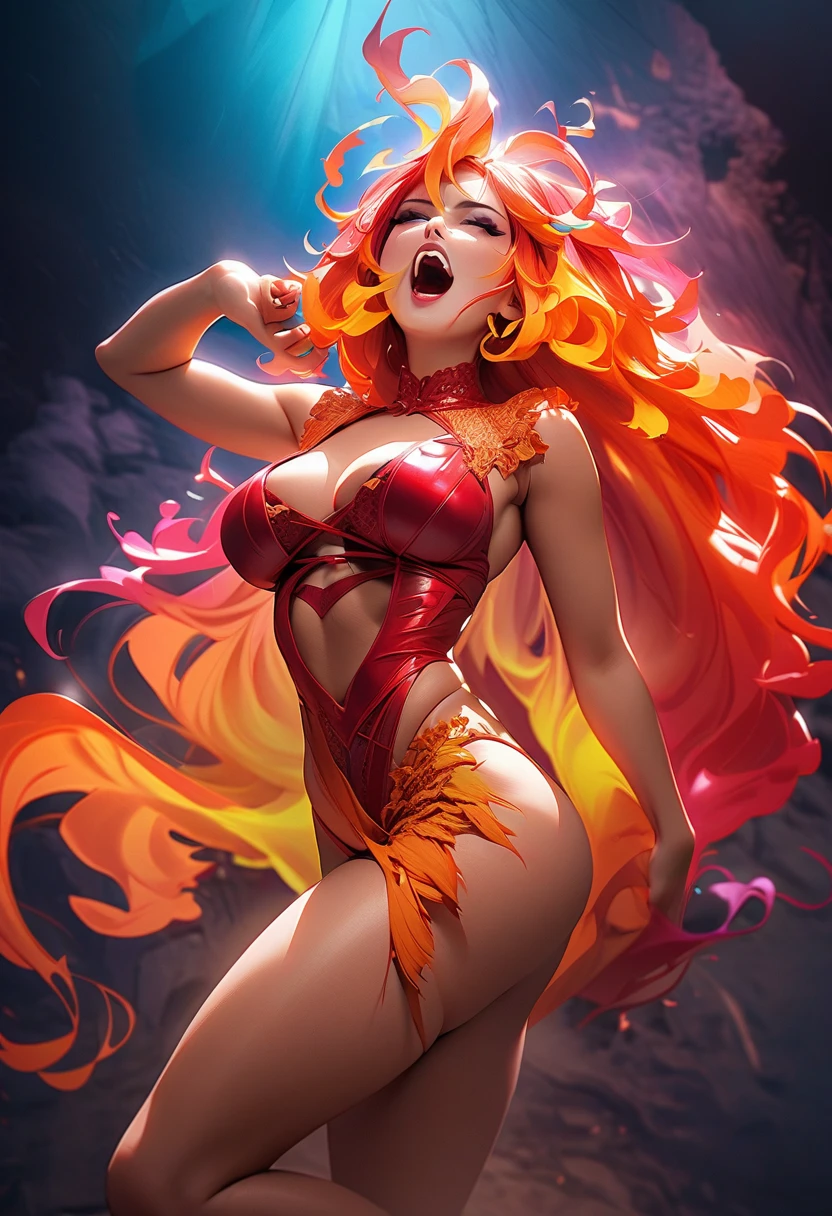 ((Reclined on stone throne))((sexy tall scottish supermodel)) ((beautiful face)) (red lipstick) ((big bright eyes)) ((very long messy light redhead flaming hair)) ((pale skin with freckles)) ((very huge breast:1.5)) ((perfect body:1.3)) (((wears fantasy dress made of fire and flames, fire crystals ornament, jewelry))) ((long black horns, fire wings, fire halo over head)) ((choker, earrings, black stocking)) ((cast fire magic, flame hair))((beauty supermodel, sexy posing inside photo studio for epic camera photoshoot, fantasy fire pillars decoration, fire, flames, light of reflector over her))(high resolution, dynamic shadows)((photorealistic:1.5)) ((masterpiece:1.3)) (8k) (perfect face) ((best quality:1.4)) (perfect hands and eyes)