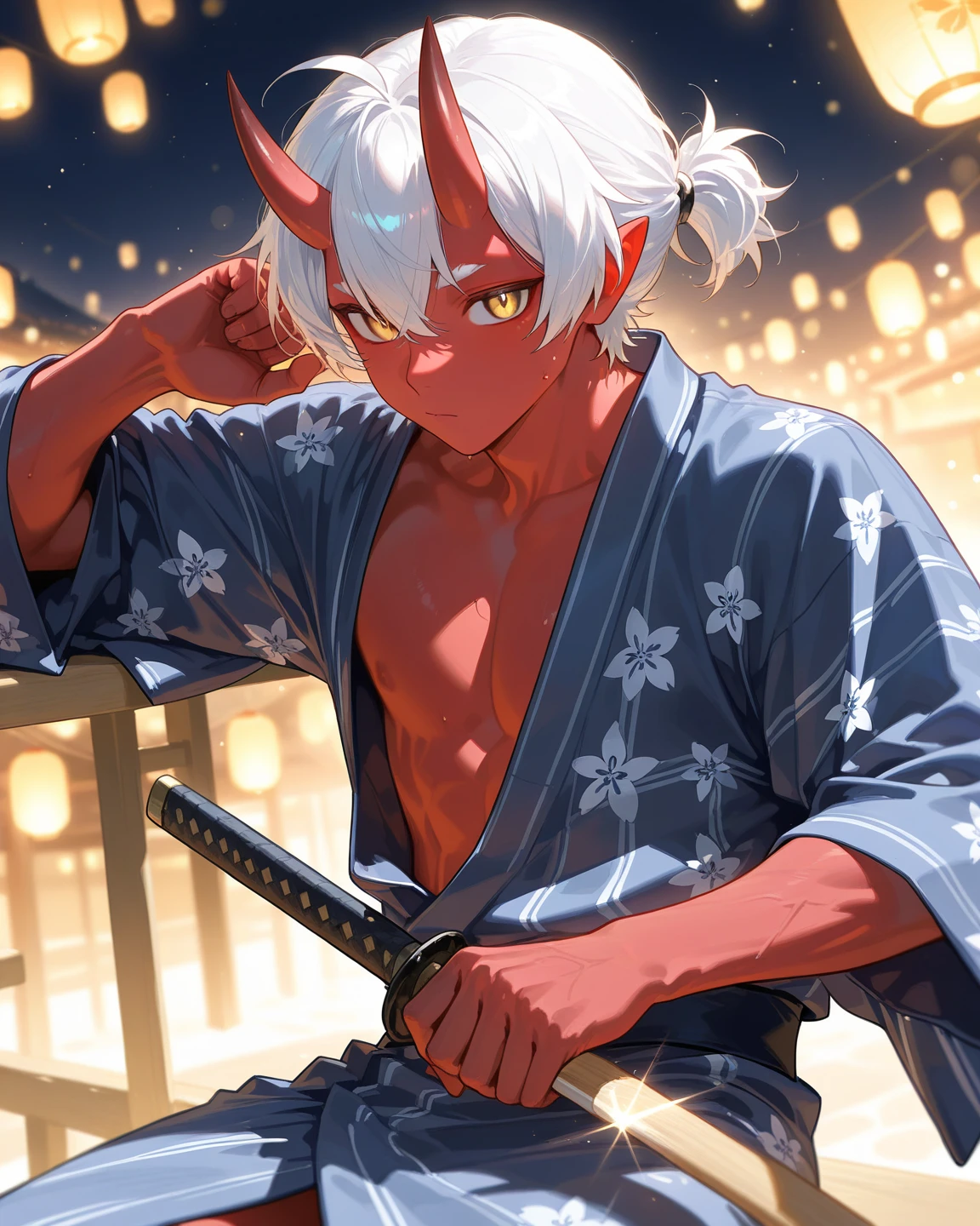 anime muscular tanned man wearing a mask, oni mask showing sharp teeth, topless man, faceless, noseless, experienced and capable martial artist, ritual body tattoos, wooden training arena background scenery