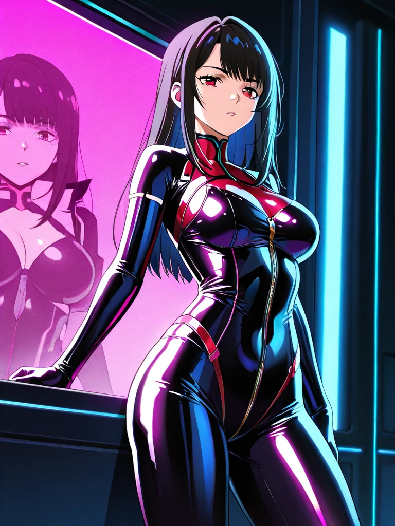 masterpiece, best quality, 1girl,black hair, (finely detailed beautiful eyes and detailed face),pink leotard,latex costume,military coat,cinematic lighting,bust shot,extremely detailed CG unity 8k wallpaper,solo,(enamel leotard:0.3),