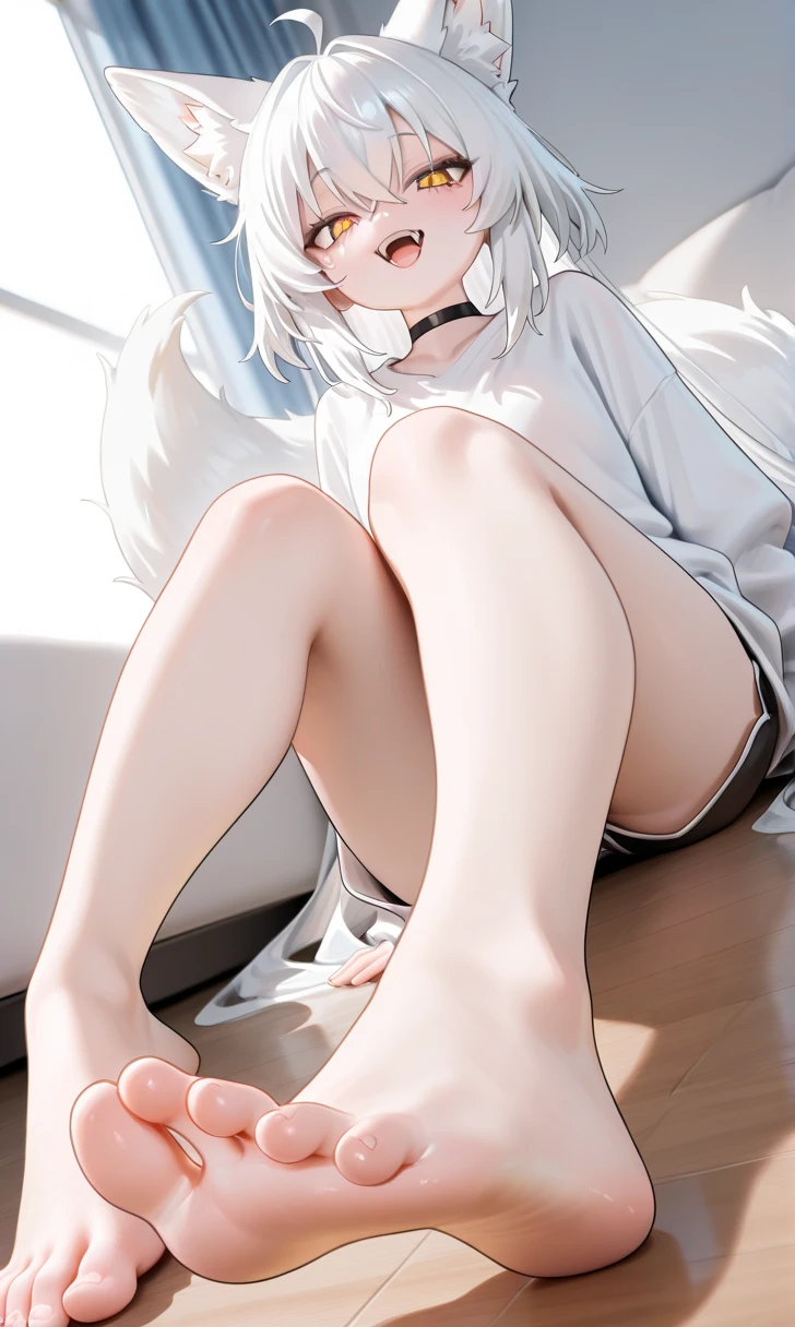 nsfw,1girl,(Solo),(Whitehair),sitting,(hugging_own_legs:1.3),(knees up:1.5),(foot focus:1.3),woman,Tsurime,red_neckerchief,black_serafuku,bottomlees,hair over one eye,straight-on,long hair,red eyes,yellow eyes,big breast,breasts,masterpiece, best quality, very aesthetic, absurdres,front View,(straight-on),(light hair:1.3),(masterpiece, best quality, very aesthetic, absurdres,(bareLegs),Panties aside,(take_your_pick),(dynamic:1.5),(toes:1.5)