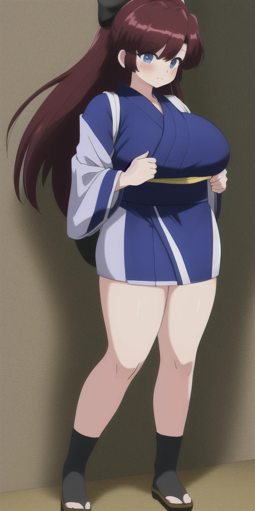 masterpiece, best quality, beautiful art, high resolution, well formed hands, body and fingers, 1 woman, solo, Chizuru Minamoto, 31 years old, hair ornament, adult, grown up, big breasted, cleavage, full body, braided long hair, blue_japanese_clothes, wearing DOA Kasumi's blue kunoichi dress, sexy and skimpy japanese clothes, kimono peek, sleeveless, panties peek, white stockings, gorgeous legs and thighs, dancing seductively and erotically, turning backwards and forwards, shaking her body alluringly , sweating , bouncing breasts, smiling joyfully, looking at the viewer, flirting, beach environment
