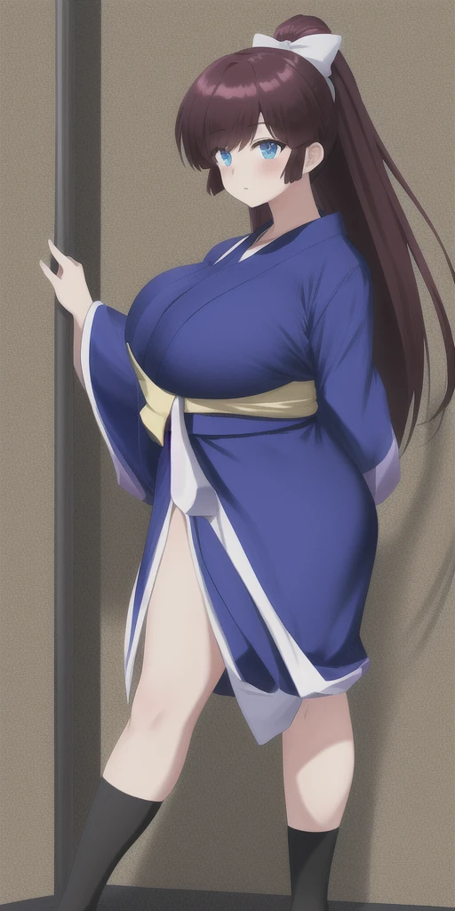 Samurai woman with gigantic breast the size of her head, extremely wide hips, long hakama, holding katana