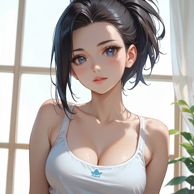 Amazing portrait of a sexy woman wearing her luscious black hair in a ponytail, seductively gazing and smiling, soft lips, parted, blushing intensely, smiling, black crop top, black cargo pants, black short shirt, medium chest, cleavage, perfect body
