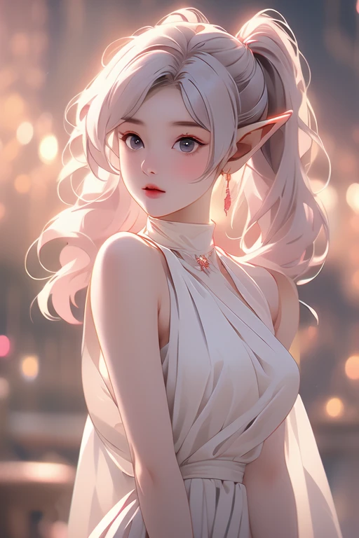 1girl, short white hair, ethereal, white ears, looking up, shy, timid, voluptuous, miniskirt, bikini, cat ears, cat tail