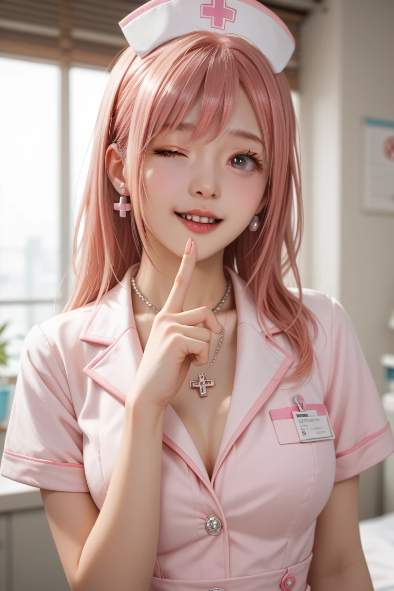 Ultra detailed, ultra-realistic, high definition, top quality, 8k, one goddess, 20 year old goddess of Japan, Japan idol, smiling female doctor with pink hair, half-up long hairstyle, wearing white knit short dress in doctor's office, white half jacket, wireless headphones (ultra-realistic), E cup big