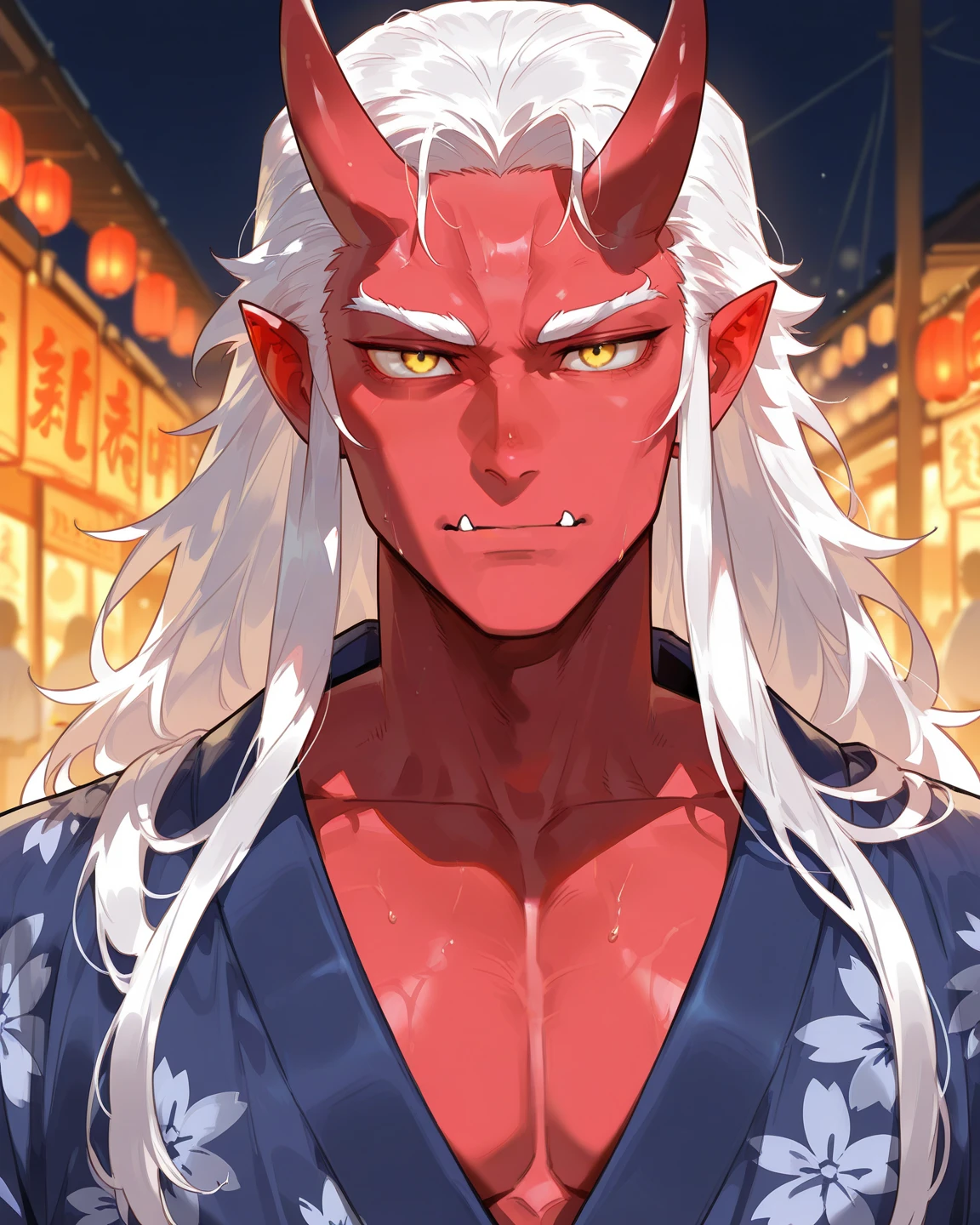 Boy, white hair, long straight hair, red eyes, wild smile, sharp teeth, pointed ears, beige skin, black stylish suit, red tribal tattoos, red facial tattoo, night on the streets, high details, high quality, 4K, anatomically correct
