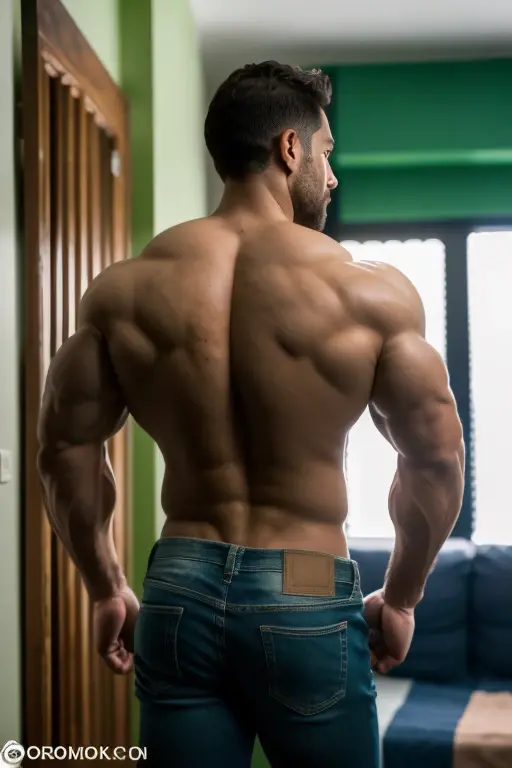 Masterpiece, Best quality, Super-Resolution, Depth-of-field, Maximum clarity and sharpness, Thai male, Bodybuilder, Bikini, Back muscle, glute muscle,