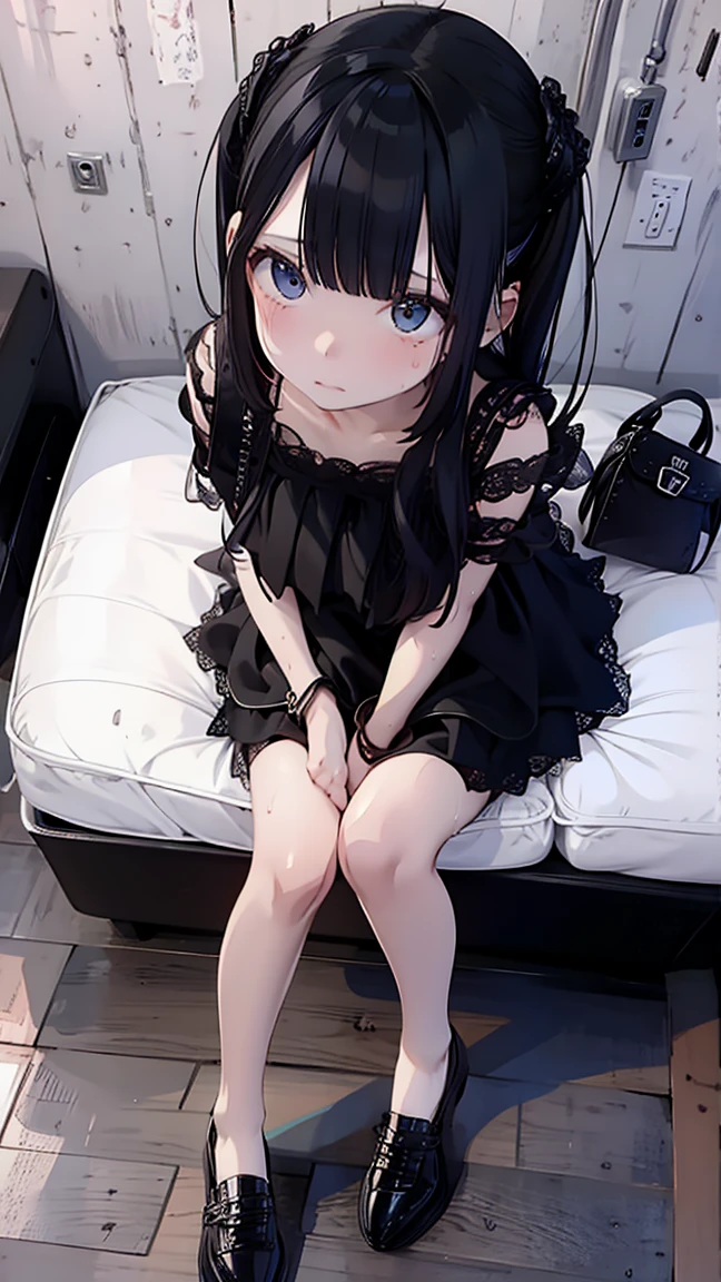 ,,(petite), 1girl, looking at viewer, , ,,,flat chest,(smile),my room,twintail,miniskirt,socks,camisole,off shoulder