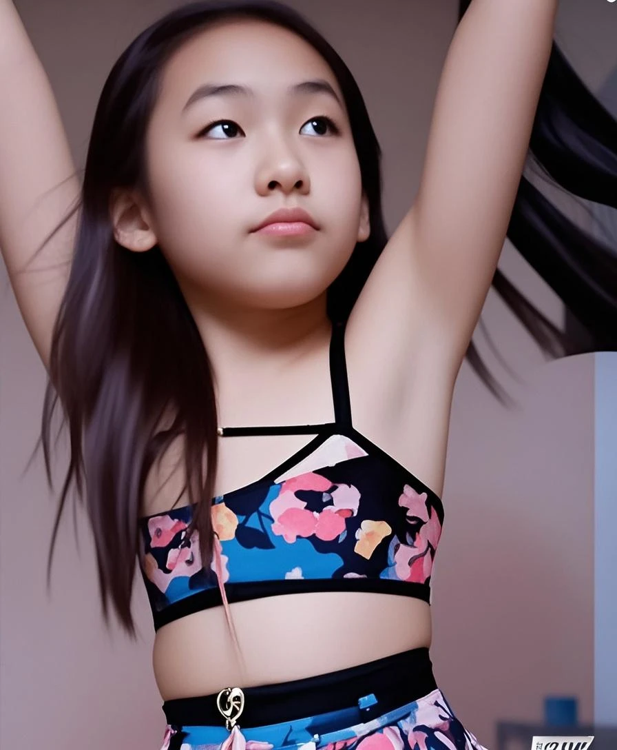 Cover your chest with your hands,Shirtless,don't have clothes,14 years old Japanese girl, Dai dance,golden colored,Dance background,Stage lighting effects,Stage lighting and shadows