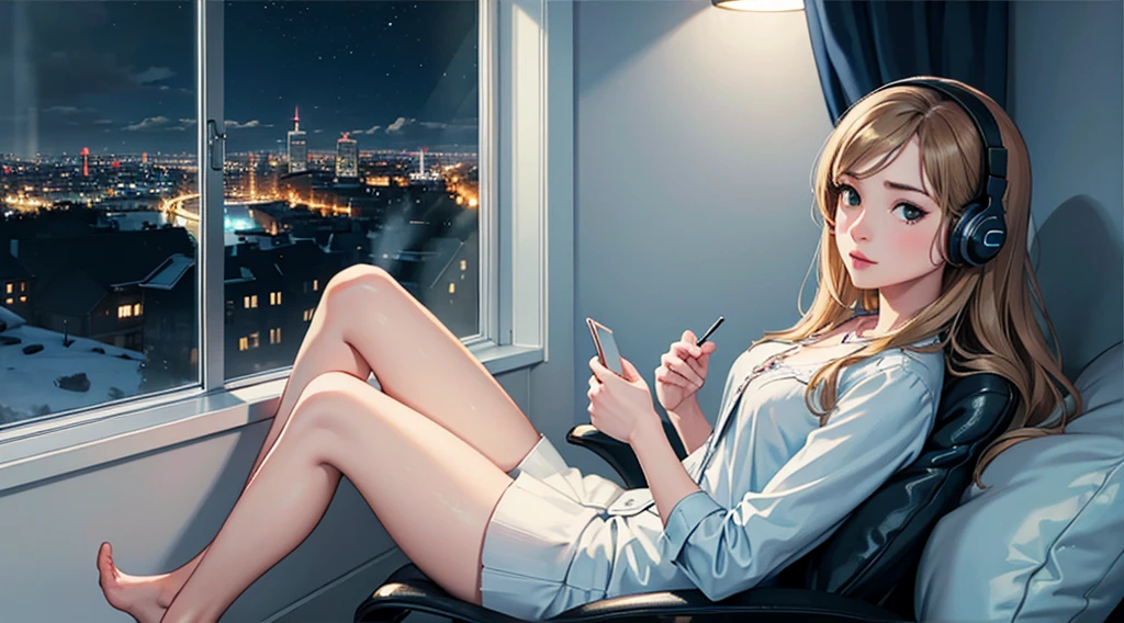 beautiful woman, street lights at night, Playing with smartphones, red shorts, black belt, negro, rosa, summer, be hot, passersby, Night gradient, fine details, barefoot, Subtle tones, There is a sense of tranquility in the image.. bokeh,