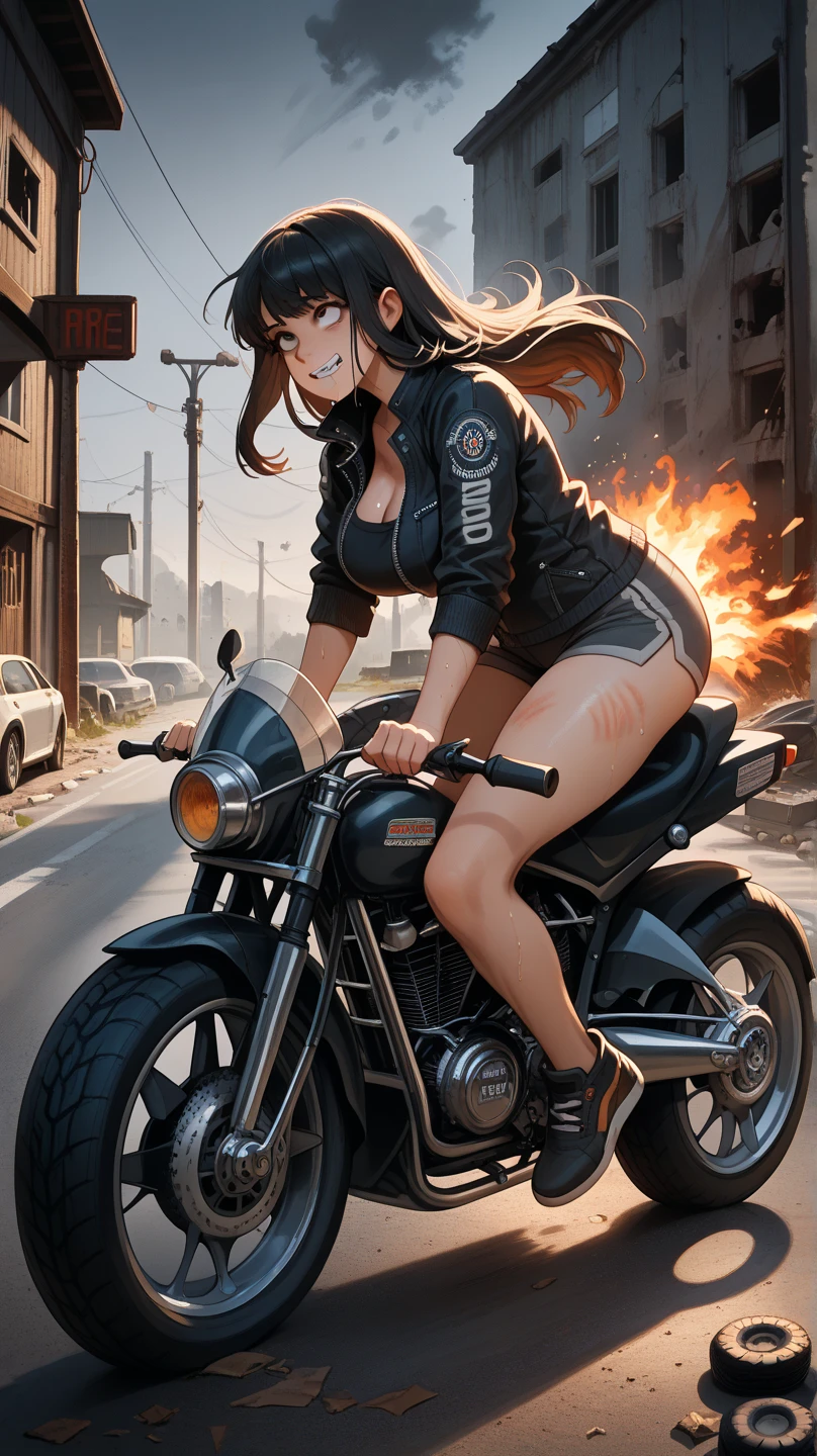 An arabic woman, with big natural breasts, big rounded ass, wear silk hijab, face veil, pu leather mini jacket, jean skirt, white micro top, visible lace bra, 7inch high heel, collar jewelry, leather motorcycle gloves, make-up, glossy lips, polished nails, belly piercing، body tattoos, riding in a motorcycle, in a small hood, in front on a wall full of graffiti, urban art style, she is smiling,