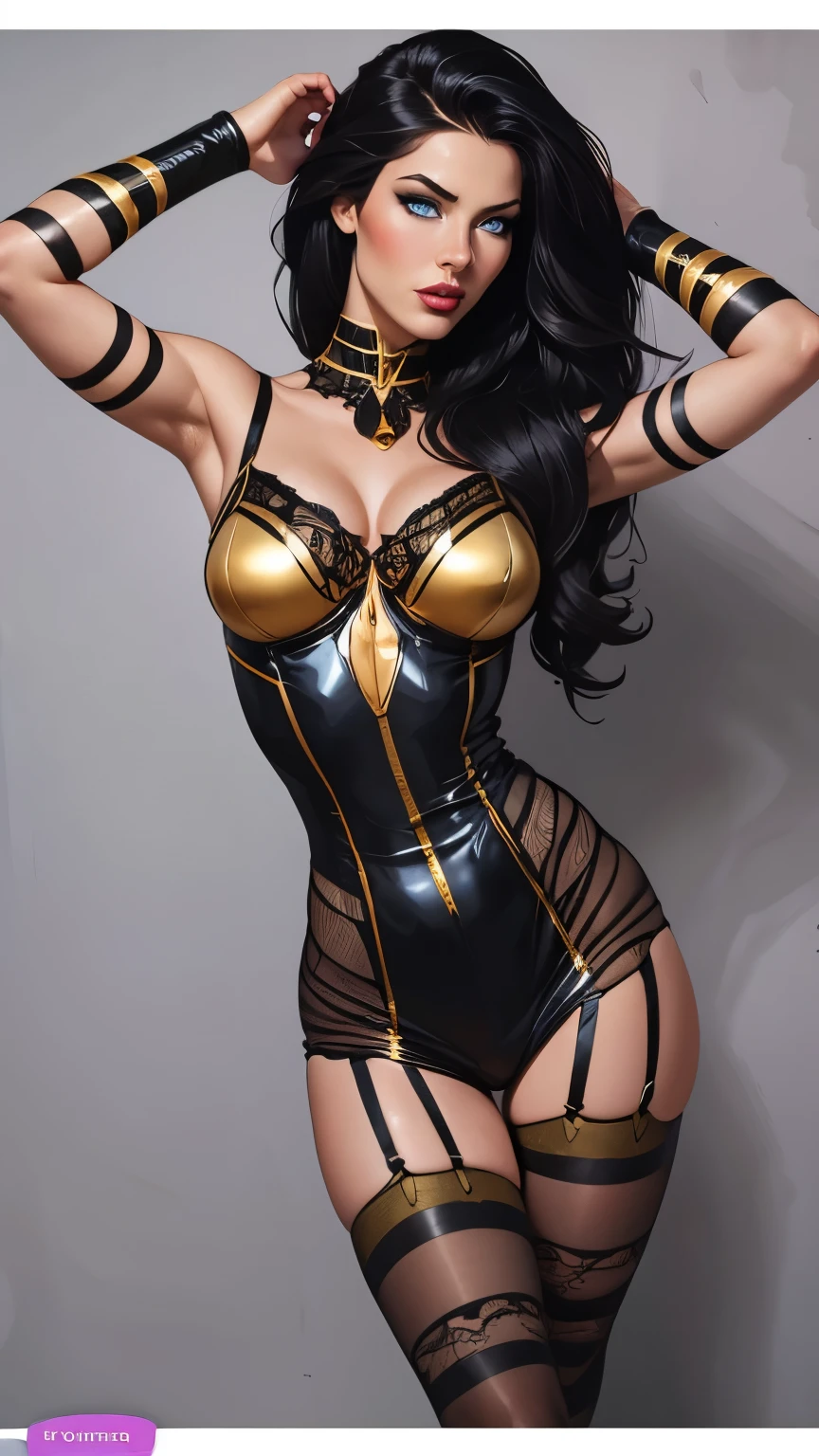 Best quality, 8K,woman, beautiful and detailed face, straight long hair,big eyelashes,big angel´s wings,(((metalic armour over bodystocking))), SHINY GLOSSY PANTYHOSE,armlets,black belt,high heels over the knee boots,white neutral scenario