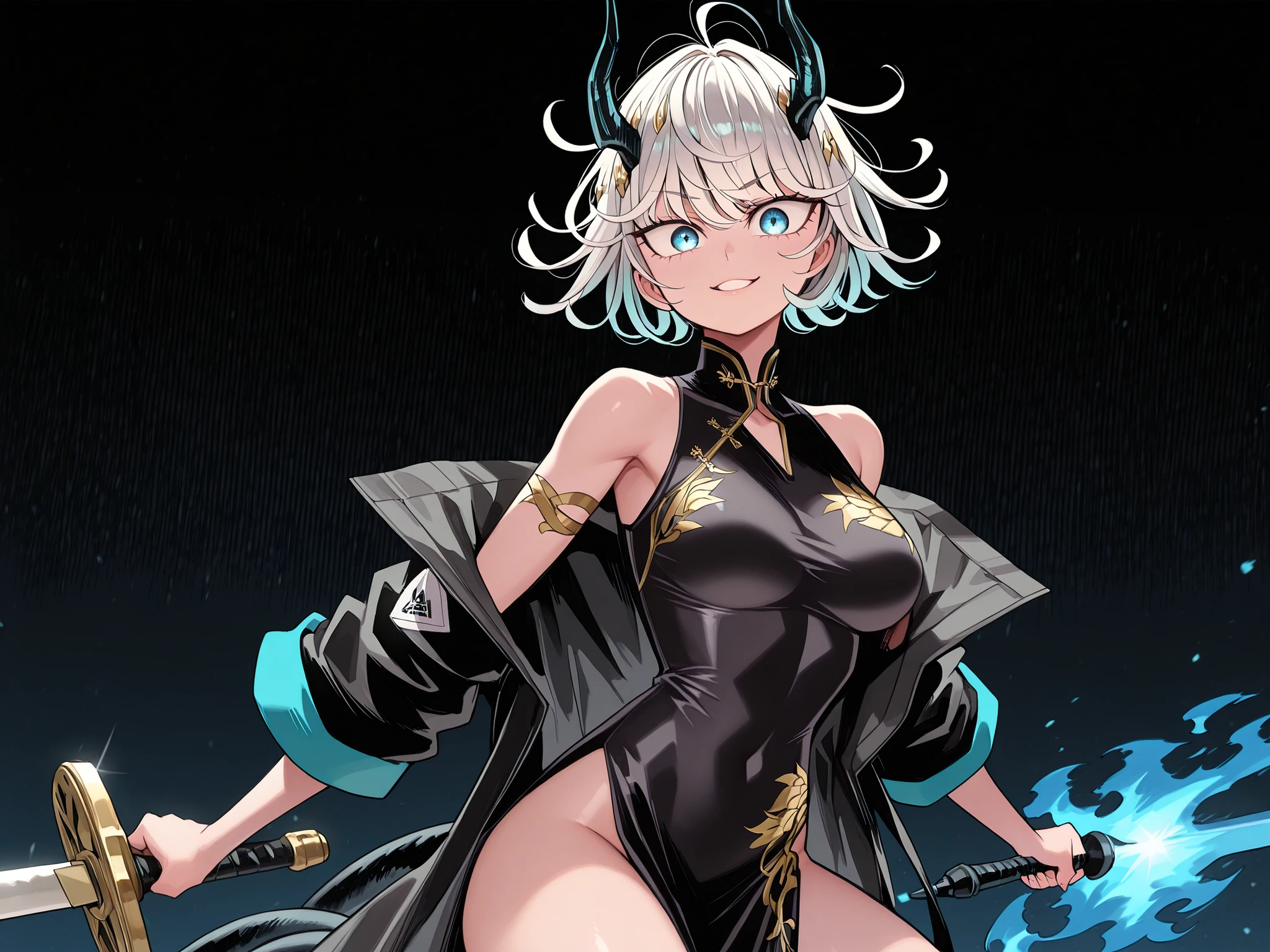 alone, 1 girl, and Short and petite Character, Short Character, Short Character, Character 1.50 meters tall, and Short and young Character, Character;
white hair, the Character's hairstyle must be the same as Tatsukami from "One Punch-man", loose hair, black horns like Reed The Flame Shadow from "Arknights";
The Character's face must be the same as Tatsukami from "One Punch-man" (but with blue eyes), flashy blue eyes, provocative face, provocative smile, young, sensual, perfect and beautiful face, hairstyle like Tatsukami from "One Punch-man" (but white), loose hair;
Perfect anatomy, the Character's tail must be that of a dragon and must be black (with a blue flame at the tip of the tail), black tail like Reed The Flame Shadow from "Arknights", the details of the tail must be black, large breasts;
Colored arms in the style of Nian from "Arknights" (but arms and hands should be painted black with blue details), hands with claws, arms with blue details;
Black coat like Reed The Flame Shadow in "Arknights", sexy black Chinese dress (Chinese dress with gold details), exposed arms, in a sexy pose, butt sticking out, low body;
Holding a large sword with gold details, gold ornaments on the large sword, a divine and beautiful large sword, with a huge blue blade;
Black background, attacking stance, looking at the viewer, and hands with gold details, hairstyle like Tatsukami from "One Punch-man" (but in white), loose hair, short hair the size of Tatsumaki's hair from "One Punch-man", short hair the size of Tatsumaki's hair from "One Punch-man", Colored arms in the style of Nian from "Arknights" (but arms and hands should be painted black with blue details), hands with ;
Flashy pose, shoulders and head exposed, close to the face, looking at the character, looking at the viewer, face to face, provocative, confident and with a short smile, young character, body height similar to Tatsukami from "One Punch-man", short hair the size of Tatsumaki's hair from "One Punch-man";