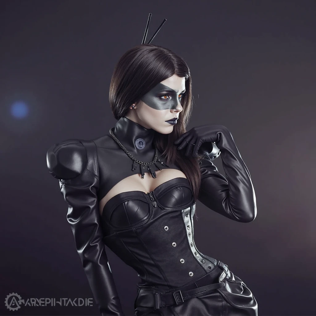 (masterpiece),(best quality:1.0),(ultra highres:1.0), closeup, 1 girl, detailed beautiful, red lips, black hair, metal mask, face focus , tomboy, skinny, wallpaper 8k, lingerie, beautiful woman, sexy girl,makeup, full body