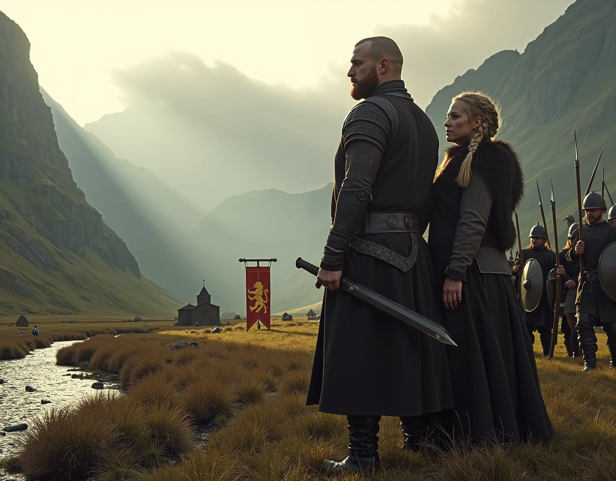 Steep and dramatic mountains are towering in the background and are slightly obfuscated by low clouds as dawn breaks and sunrays pierce through the cloud cover. A stream snakes its way down the fjord valley, revealing an ornate stave church on the far riverbed. In the foreground stands King Ragnar Lothbrok and Queen Lagertha in regal Viking attires, defiant expressions upon their faces, draped with wolf fur tippets and Viking-style royal jewellery. King Ragnar rests his ornate sword on his shoulder, while Lagertha has her weapon sheathed. They both have long braided hair, the sides of their heads are shaved. A band of orderly Viking soldiers march from the distant Longhouse alongside the river, carrying a regal red banner with a gold lion embroidered on it, each Viking soldier is equipped with ceremonial Viking round shields and Gjermundbu helmets as well as long spears. Shot on a Sony A7R IV with 50mm lens, professional DSLR, 8k resolution, HDR, noise reduction, soft cinematic lighting.