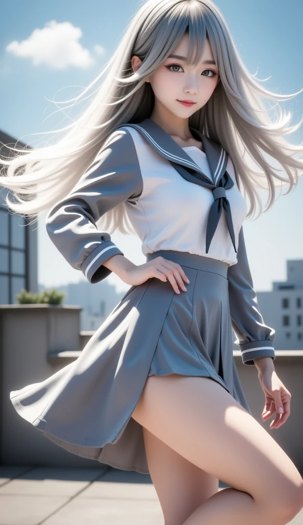 Big high school girl，white  skirt，White tights，High ponytail