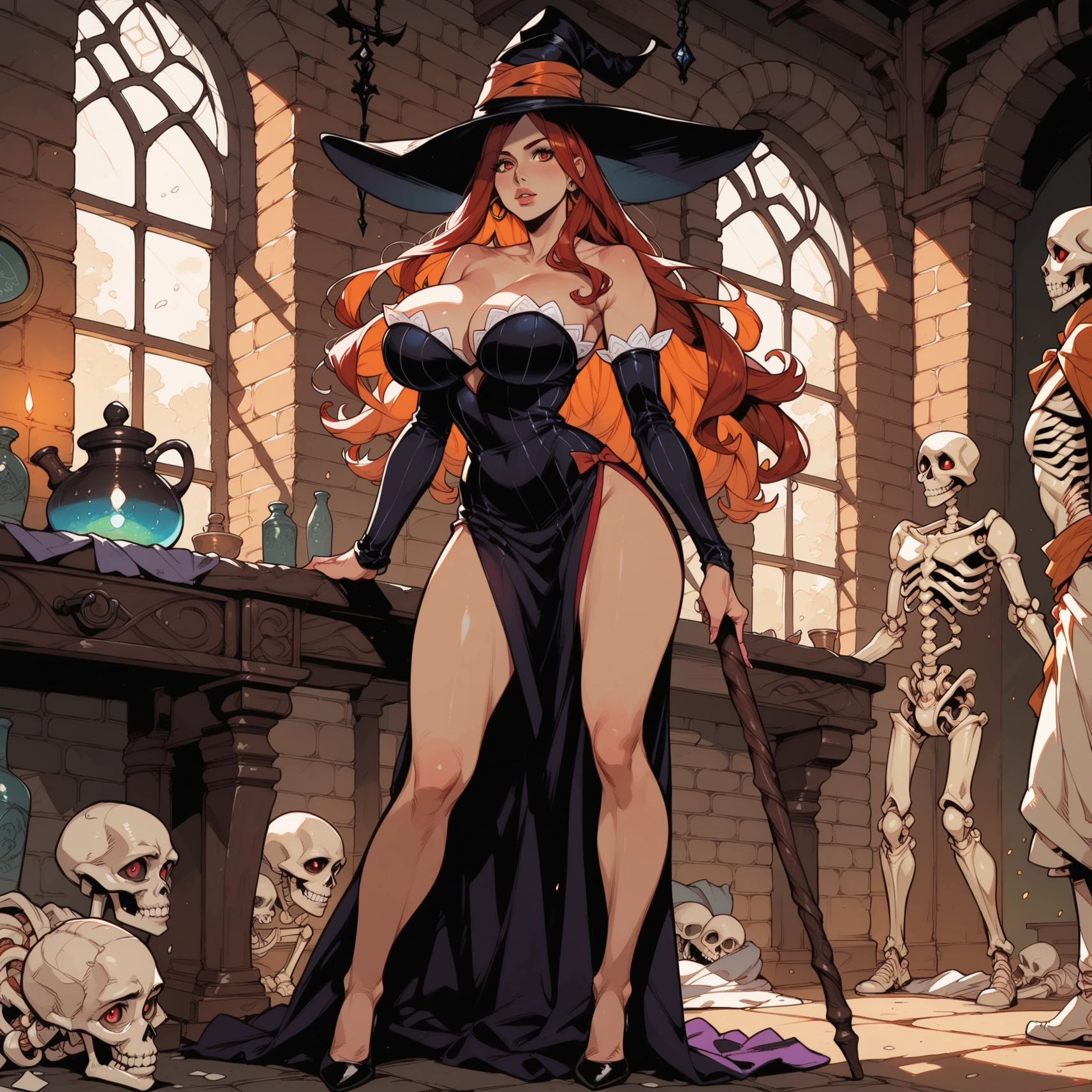 (masterpiece, best quality:1.2), 1girl, solo, sorceress, dragons crown, red eyes, long hair, red hair, hat, dress, large lips, staff, detached sleeves, bare shoulders, cleavage, side slit, strapless dress, (huge breasts:1.3), (skeleton, potions, indoors, fantasy setting, brick walls, witch cauldron:1.2)