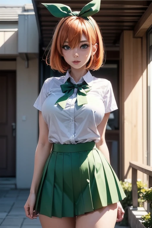 (masterpiece, best quality, hires, high resolution:1.2, 4k, 8k , high quality), extremely detailed, realistic, intricate details, highres, 1girl, solo, (large breasts, thick thighs, wide hips), arched back,(cinematic lighting, sunlight, perfect lighting, backlighting), eye-level shot, extreme close-up-shot, looking at viewer, school uniform, green skirt
<lora:Nakano_Yotsuba_Ecsta:0.5> nakano_yotsuba_ecsta, blue eyes, orange hair, hair ribbon, nakano yotsuba, short hair, green ribbon, hair between eyes
