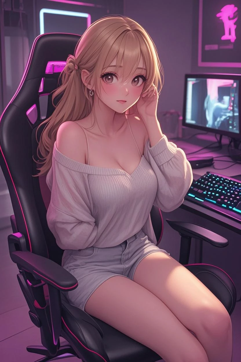Create a top-quality image of a beautiful 20-year-old anime girl with tan skin. She has long blonde hair and beautiful eyes, wearing a see-through top that barely covers her nipples, highlighting her perfect figure. She is also wearing sleep shorts. The girl is sitting in a modern gaming chair in a dimly lit, modern room with the window open and it is night time, allowing a gentle breeze to flow in. She poses in a seductive manner, facing the camera. Her room is filled with modern nerdy items that show her love for video games and anime, including gaming equipment like a high-end gaming PC, sleek gaming desk, ergonomic gaming chair, and the latest gaming console, as well as stylish anime posters and figurines. The image should exhibit high-quality visual artistry, with intricate details, capturing a cozy and alluring atmosphere.