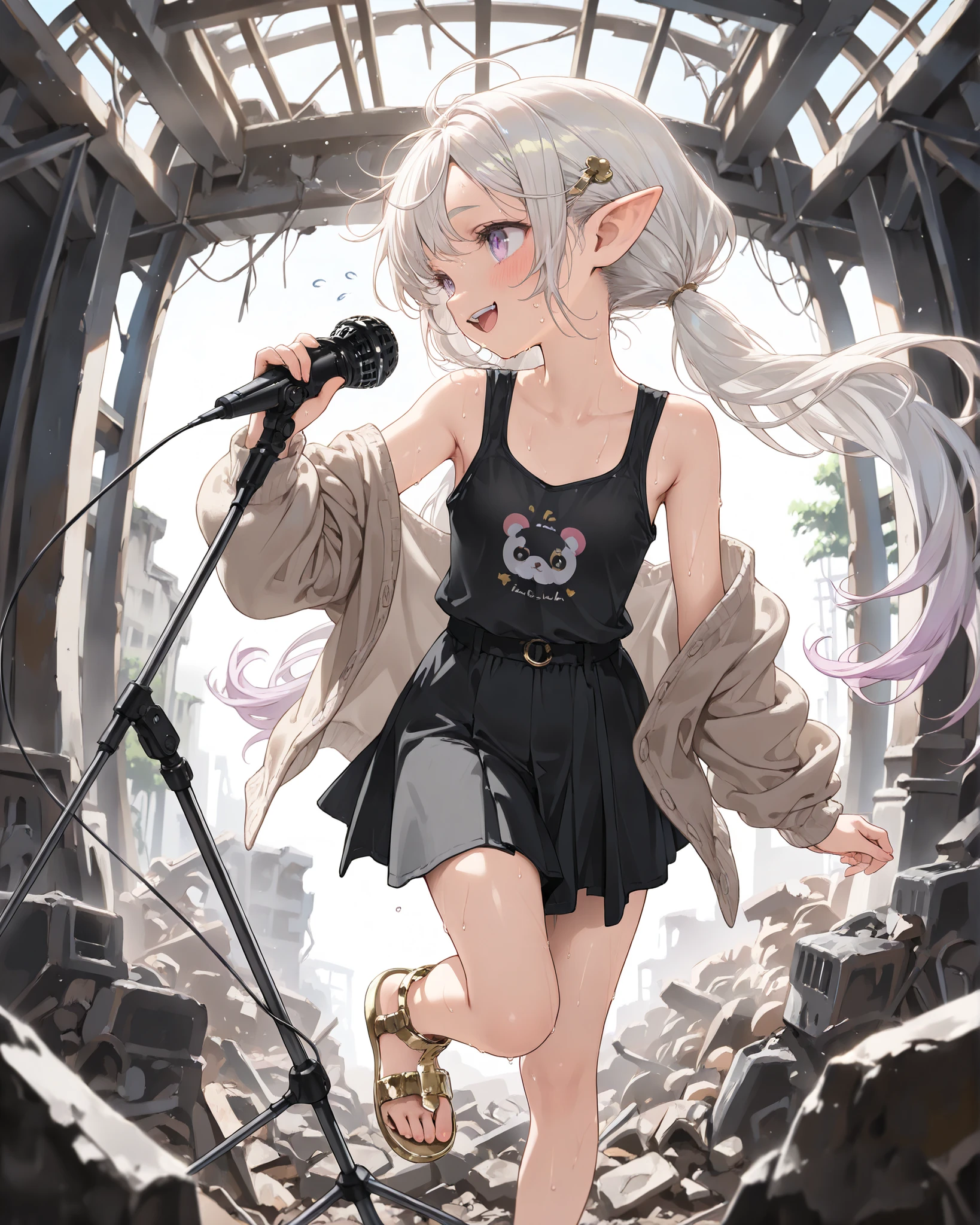 ((Masterpiece)), ((best quality, very aesthetic, absurdres, newest)), (fisheye, profile), (8K), (cinematic lighting), ((1girl)), (cute young girl), (Healthy body, Textured skin, small breast, tilt head), elf ears, Glossy unruly hair, (platinum-gold hair, gradient hair, Pastel colors Hair Tip), (loose swept bangs, low pigtails), big eyes, (cute cheeks), glossy lips, pouty lips, (lower eyelashes), Thin and short eyebrows, (pale purple eyes, gradient eyes, looking at side), (evil smile), blush, open mouth, BREAK (Black stale cardigan, oversized cardigan, inner frayed tanktop, medium skirt), cute navel, Cheesy sandals, bare arms, ((Holding the microphone, Metal microphone stand, detailed microphone)), loose standing, toe up, ((indoor, in the Mossy abandoned ruins, pile of rubble)), ((anime-style with comical sweat drops)), wind blow,