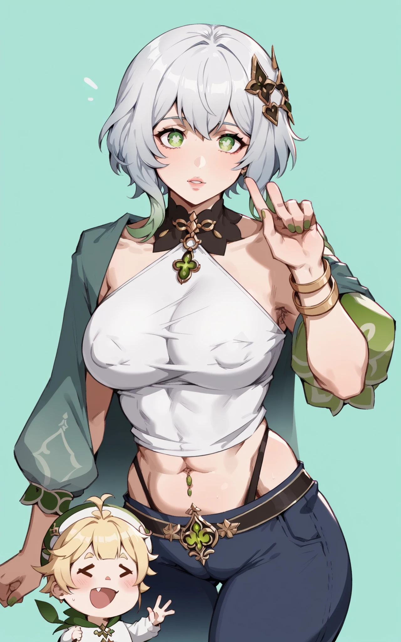 score_9, score_8_up, score_7_up, score_6_up, score_5_up, score_4_up, source_anime
, 1girl, nahida (genshin impact), genshin_impact, white hair, small breasts, collarbone, floox style, \\\\\ jacket,, open clothes, green jacket, green track suit,, sportswear, standing, track jacket, green track pants, track suit, \\\\\ steam, steaming body, sweat,, rating_explicit, high resolution, deep breath, head out of frame, grey background, solo, green tips, , bandaid on nipples, (:1.2), short female