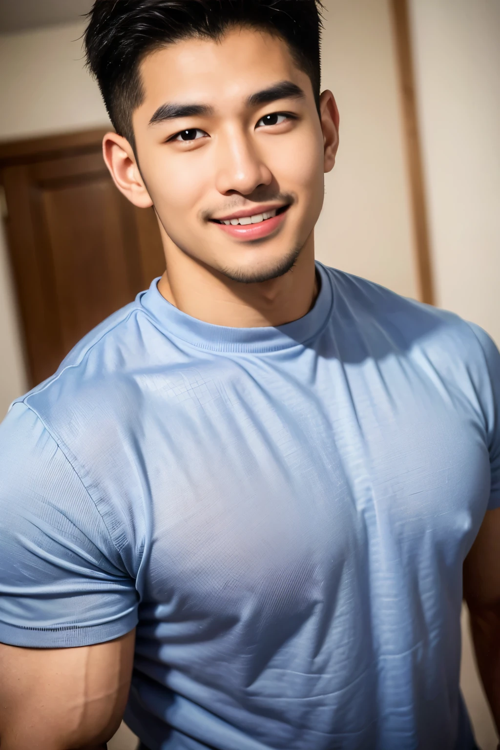 ((Highest quality, 8K, Masterpiece: 1.3))、Thailand Laos Burma Asia, Thai man, A handsome Asian rugby player with short hair, a muscular beard, and big muscles., 1A man who has、 yo、Good appearance、Beautiful nose、smile、 Detailed eyes and face、beautiful light、(studio)、high resolution、(Look at the viewer.)、Fine mouth、smile、whole body: 1.5, perfect shape: 1.3, Picture of both shoulders:1.3, Navy blue round neck t-shirt:1.5