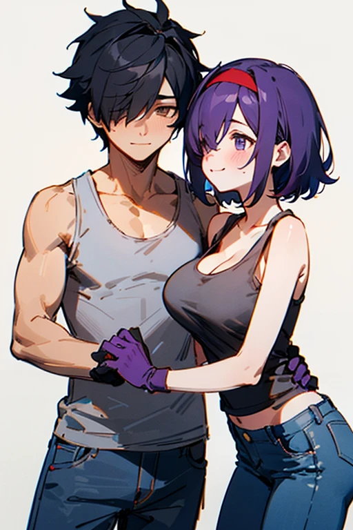 Leon kuwata, anime characters: 1guy, Bara, 1Muscular guy, red hair, white tank top, purple shorts, thighs, blue eyes, goatee smile, only, back view, gray background, best quality
