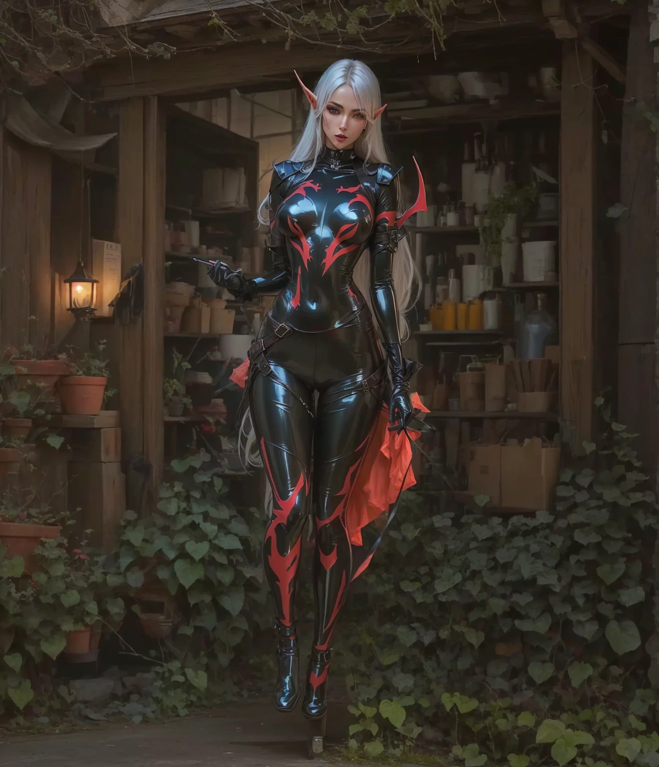 Highest image quality,Outstanding details,(Fidelity:1.4)a realistic , beautiful, nightelf, female. demonhunter, beautiful face, female armor, skimpy black and red leather armor,, the strolling pose, full length portrait, Direct Sunlight, unreal engine,longeyelashes, solid circle eyes, light smile, white hair, long hair, wavy hair, blindfold, demon horns, pointy ears, makeup, evil, Surrealism, drop shadow, anaglyph, stereogram, pov, atmospheric perspective, Realism, Hyperrealism, cinematic lighting, 8k, super detail, ccurate, best quality, UHD, masterpiece, anatomically correct, award winning