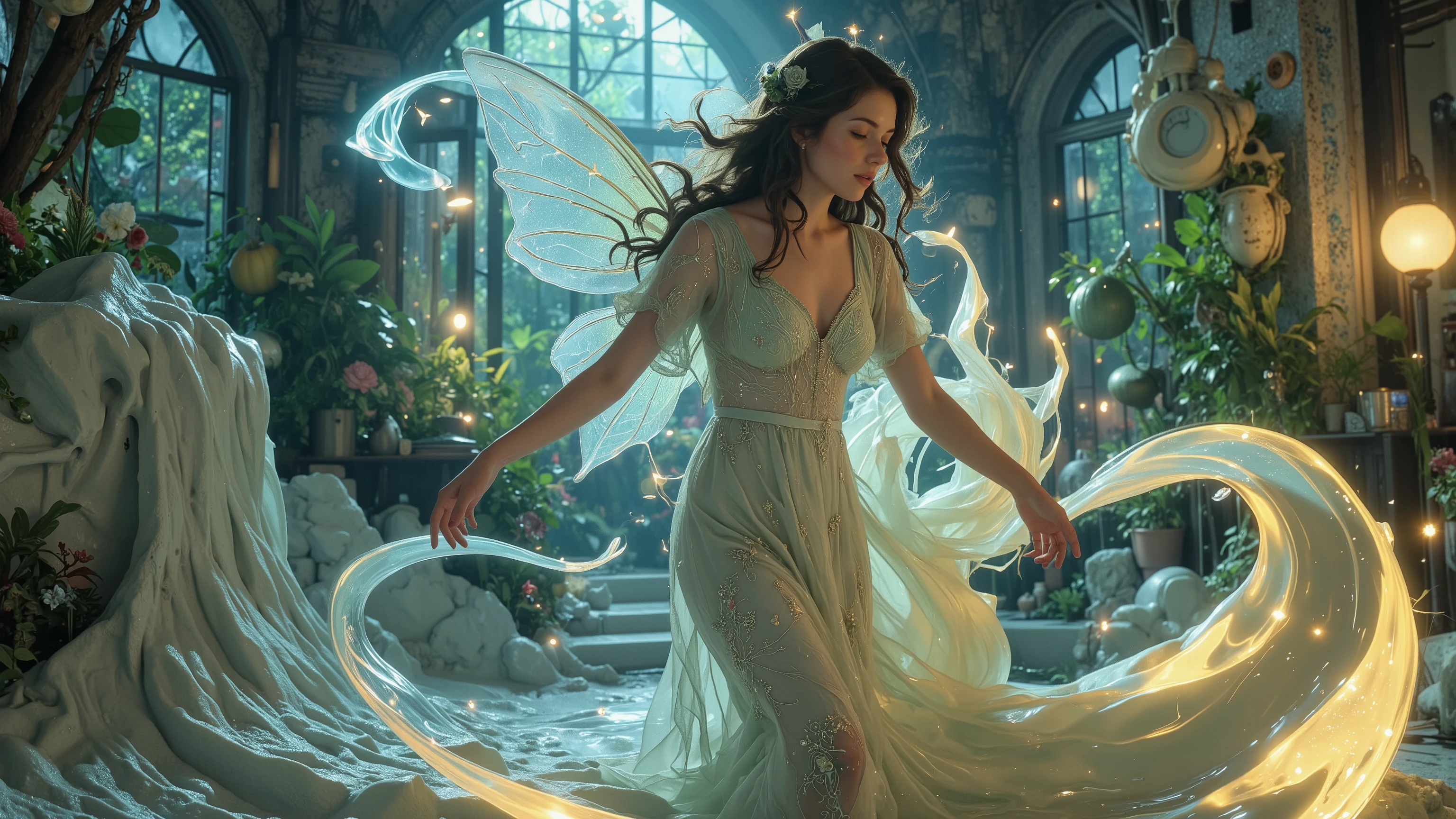 A cover for Katy Perry's music album, in a butterfly dress in a dark forest