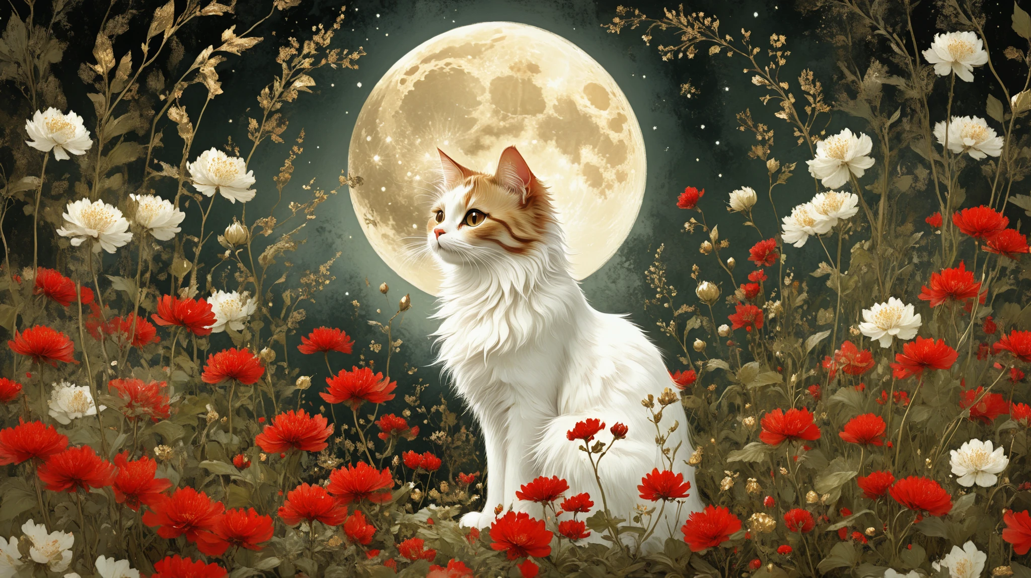 novuschroma style Fluffy magic full body cat fantasy illustration in Novuschroma style in a enchanted garden with full moon in August Mucha style as background, patterns, color palette white red and gold