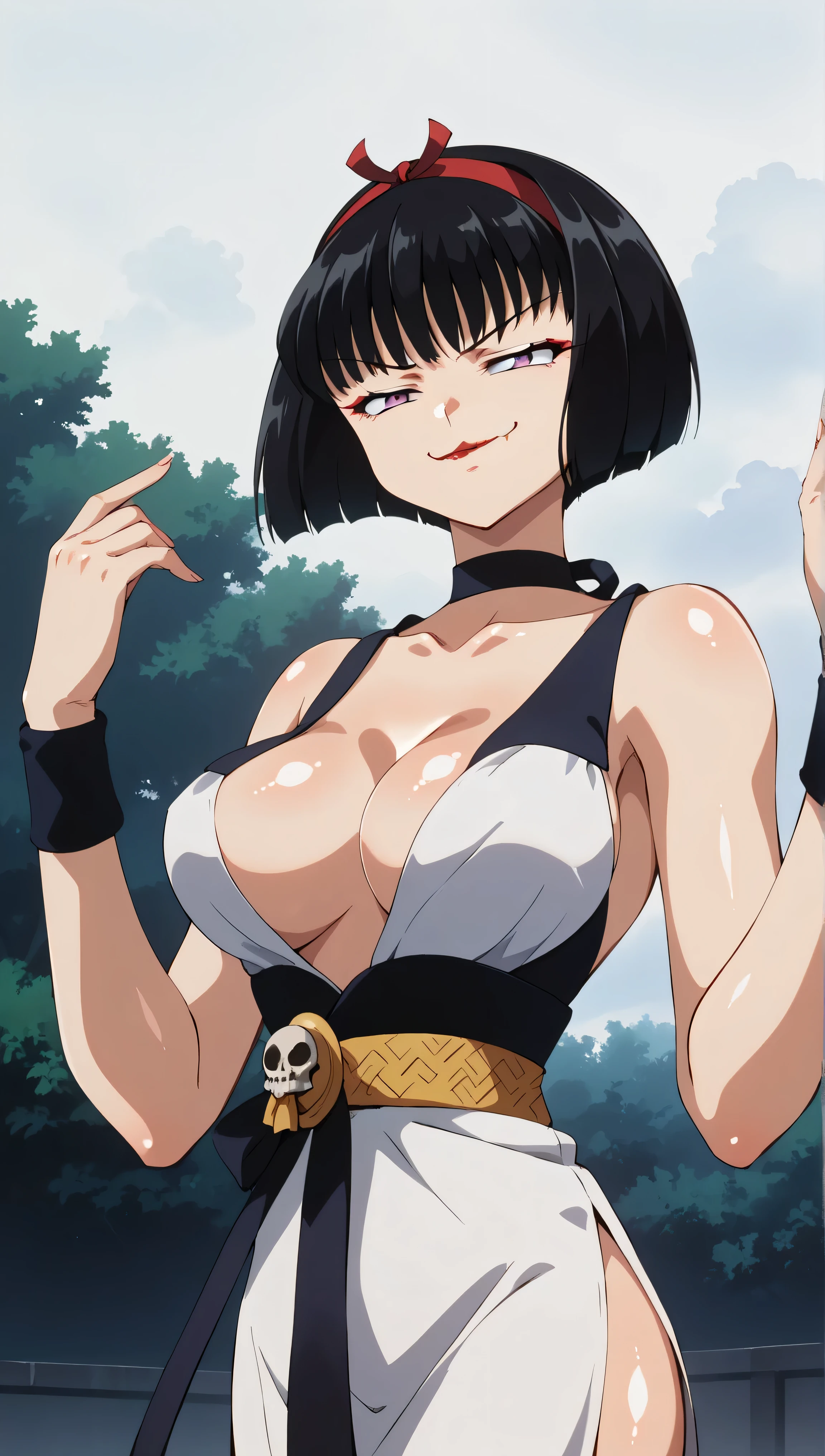 score_9, score_8_superior, score_7_superior, sauce_anime, Highest quality, masterpiece, evaluation_Explicit, No correction, break, SAKASAGAMINOYURA, One girl, Large Breasts, Cleavage, Black Hair, hair band, Bob_cut, Purple eyes, choker, No sleeve, Short kimono, Red lips, Outdoor, Leaning forward,two hands,Two legs,five fingers,evil background,, Wicked Smile, devilish aura (Shiny fabric:1.5),Dark world background,solo,feet,most evil Smirk,solo,most evil Smile,Shaded face (eyes in shadow),Shiny skin,oily skin,Sadistic smile,