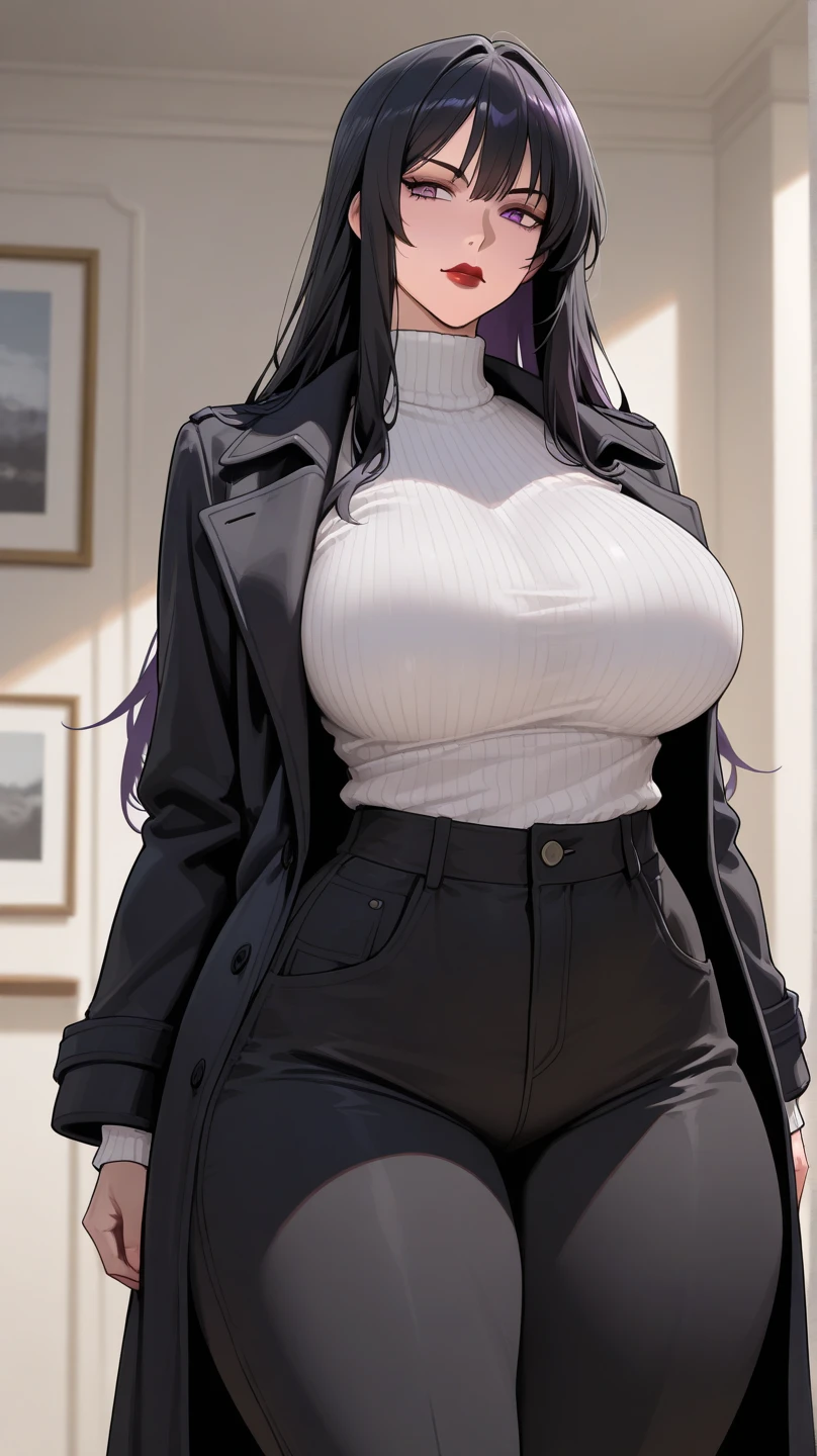best quality, masterpiece, 1girl, (solo:1.1), raytracing, ultra detailed,detailed face, 8k wallpaper, wide hips, komi_shouko, 1girl, purple hair, purple eyes, large breasts, long hair, open clothes, black robe, white shirt, smile, outdoor, hands on hips