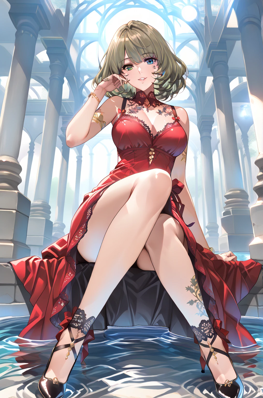 (((Horse Girl))), (((Fine Motion))), 1 person, Thighs, sitting on a luxurious red sofa, (((Legs wide open、So that the crotch is well visible))), smile, Dress like a young lady, (((Sexy panties with green embroidery))), High resolution, Her breasts are elegant and large.,
