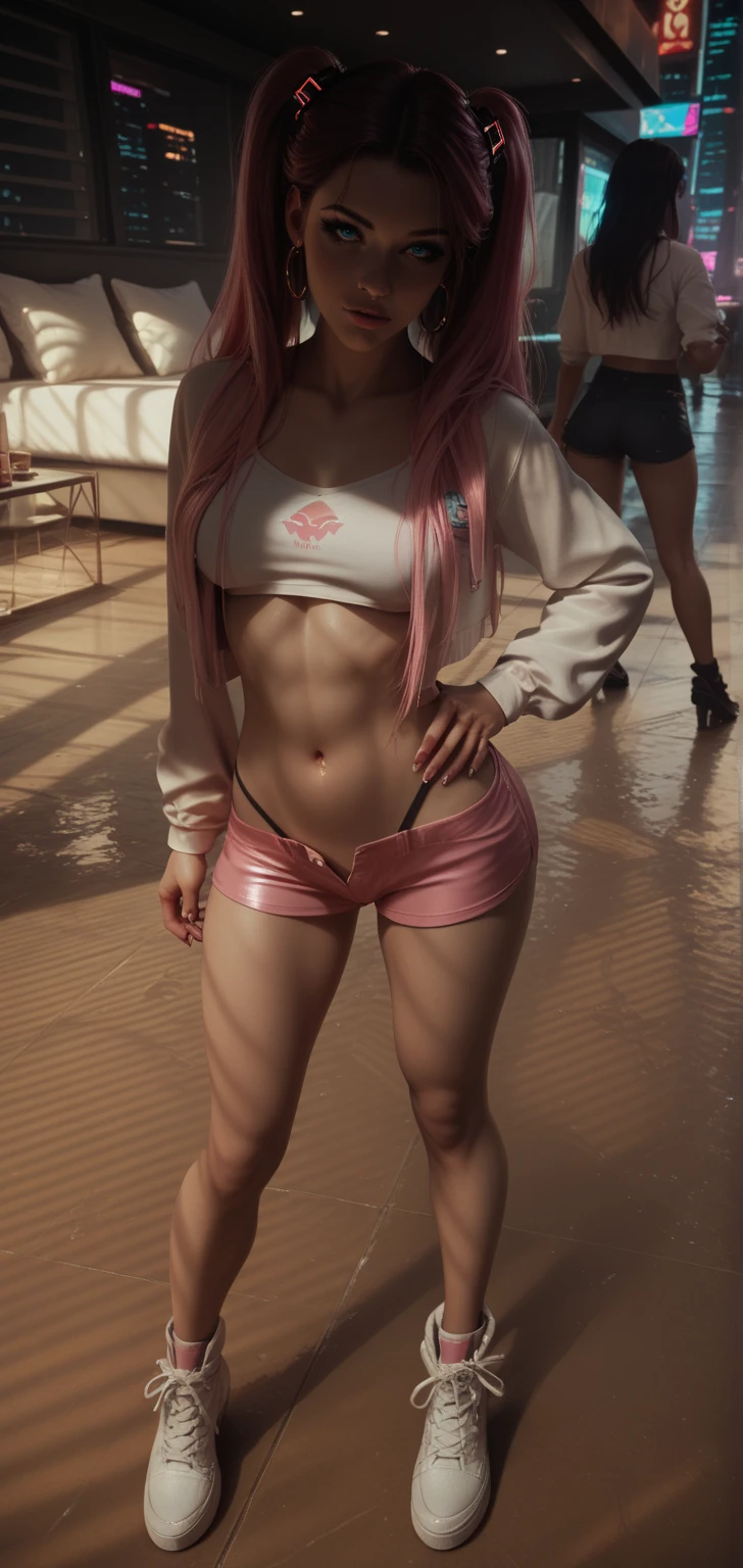 masterpiece, best quality, highres, Matoba risa, 1girl, solo, black hair, long hair with twintail, busty, super flat chest, shorts, pink hotpants, sport bra, black thighhighs, looking at viewer, light smile, close mouth, blush, full body, standing, background, arms behind head, ((double armpits)), (erotic pose:1.4)