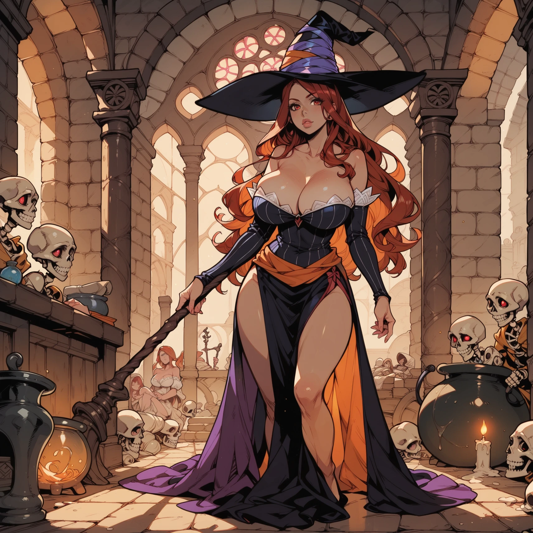(masterpiece, best quality:1.2), 1girl, solo, sorceress, dragons crown, red eyes, long hair, red hair, hat, dress, large lips, staff, detached sleeves, bare shoulders, cleavage, side slit, strapless dress, (huge breasts:1.3), (skeleton, potions, indoors, fantasy setting, brick walls, witch cauldron:1.2)