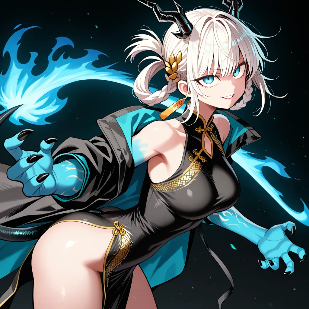 One person, High resolution, ponytail, Anatomically correct, Textured skin, Ultra high definition, ponytail, Slanted Eyes,Active,Black Chinese Dress,Gloss,Blurred, Background blur, Crazy Eyes, fullbody portrait