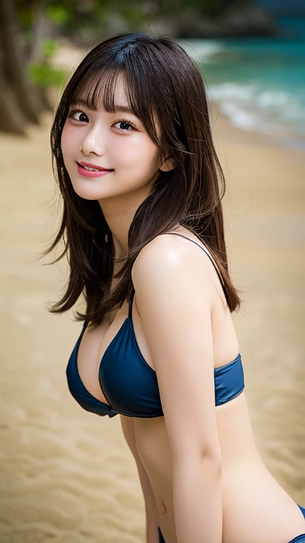 (8k, RAW photo, best quality, masterpiece:1.2), (realistic, photo-realistic:1.4), (extremely detailed 8k wallpaper), sharp focus, depth of field, blur background, bokeh, cinematic lighting, soft light, Spread legs, 22 years old cute actress arms up on the beach.long hair, (bule plain bikini: 1.5), smile