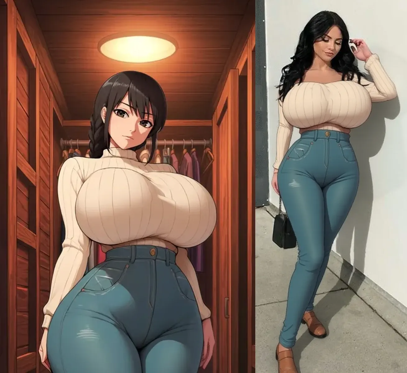 obese and thicc milf , silk waist-long dark hair , big round firm belly, sweater and pants, soft smile, motherly and nurturing, look, cute, tight clothes, tight pants, pants unbuttoned, pants unzipped, belly spilling out